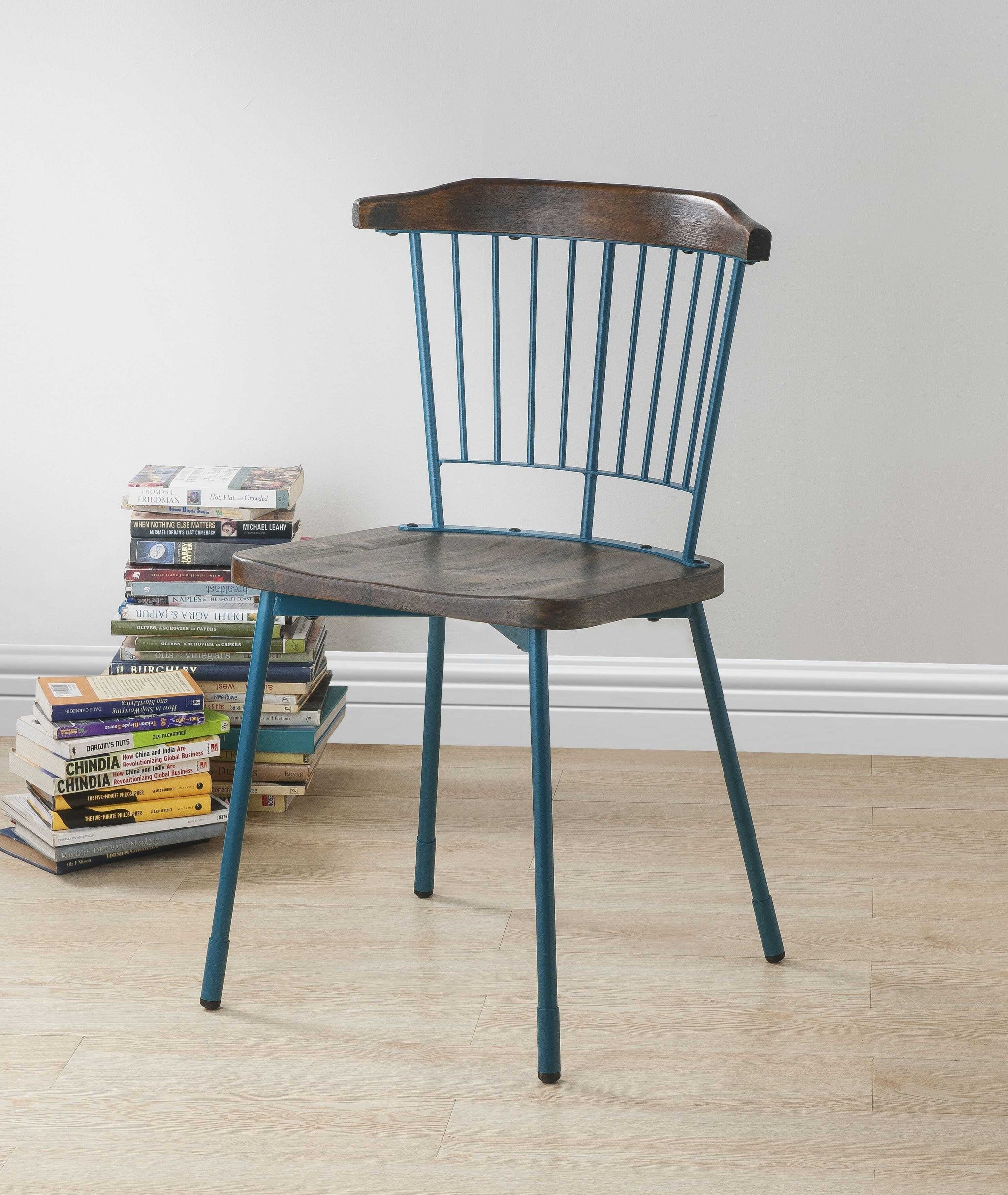 21" X 19" X 32" Brown Oak Wood and Teal Metal Side Chair  Set of 2