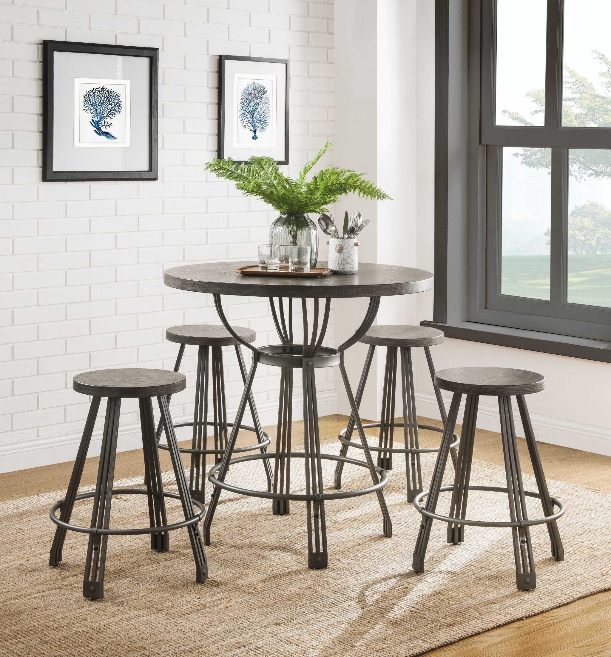 36" X 36" X 36" Gray Oak Gunmetal Metal Wood 5Pc Pk Counter Height Set