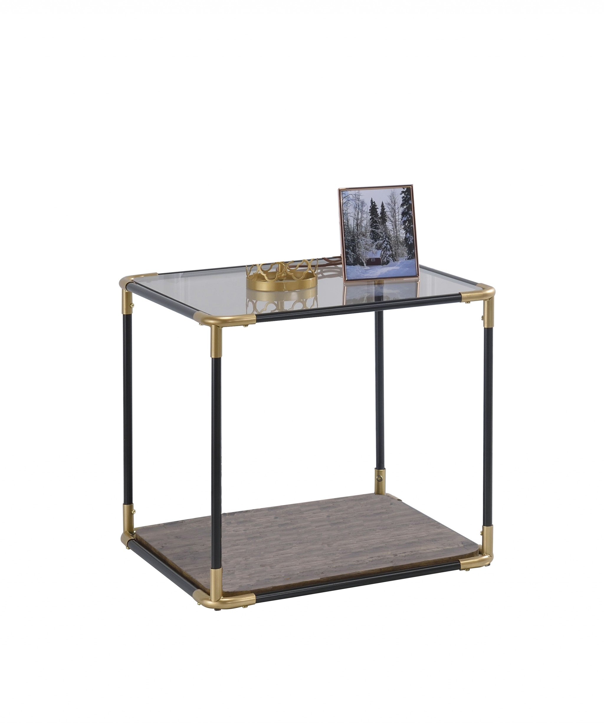24" X 24" X 24" Black/Gold Smoky Glass Metal Wood Veneer (Paper) End Table