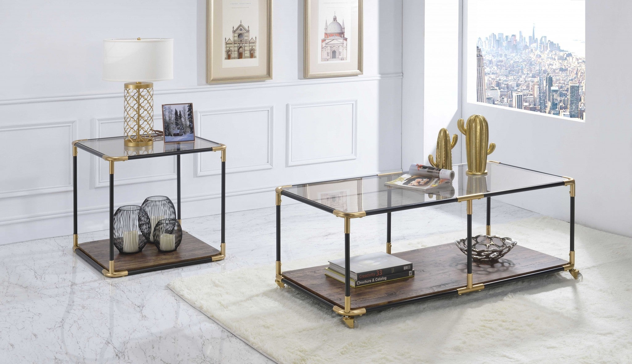 24" X 24" X 24" Black/Gold Smoky Glass Metal Wood Veneer (Paper) End Table