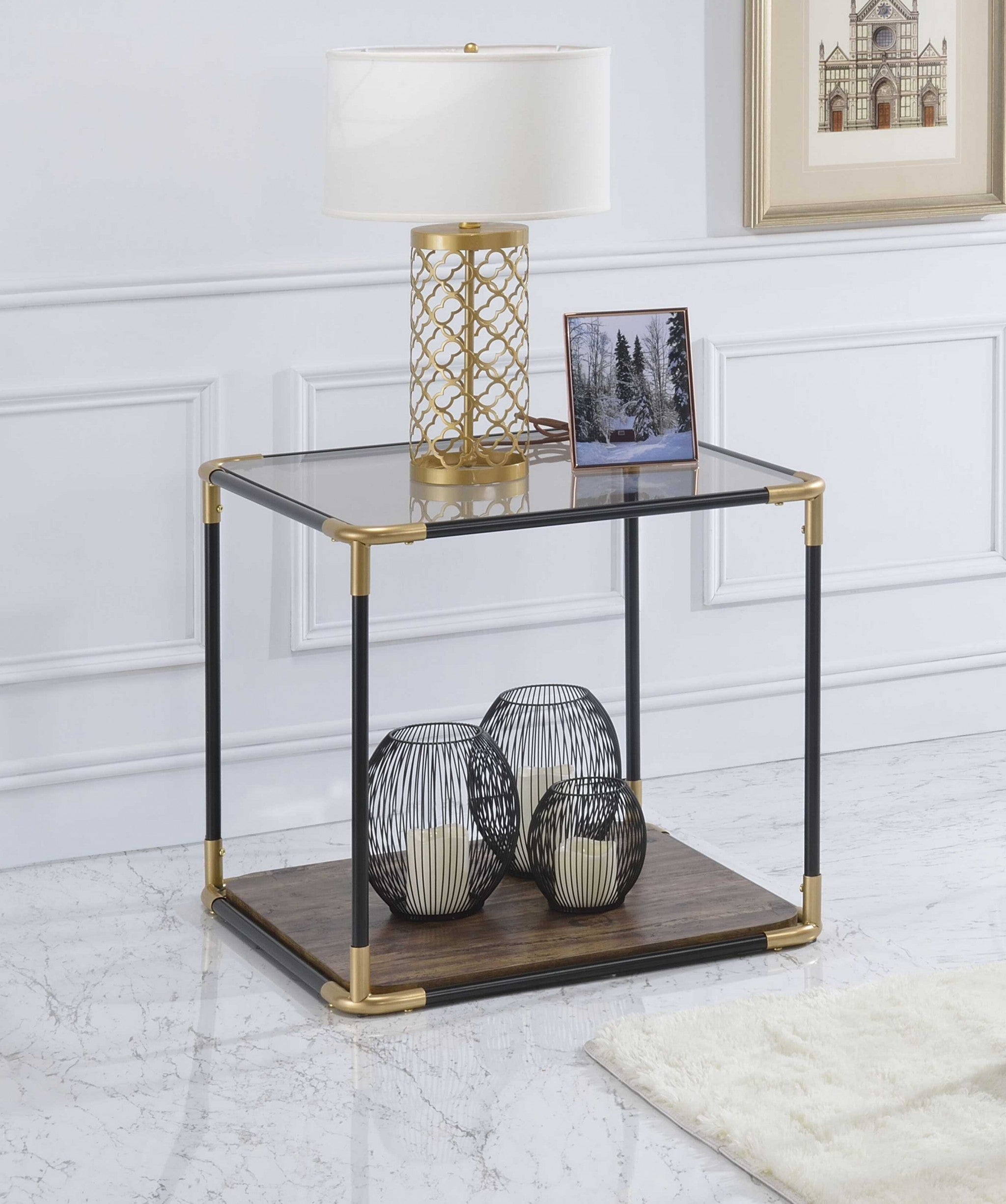 24" X 24" X 24" Black/Gold Smoky Glass Metal Wood Veneer (Paper) End Table