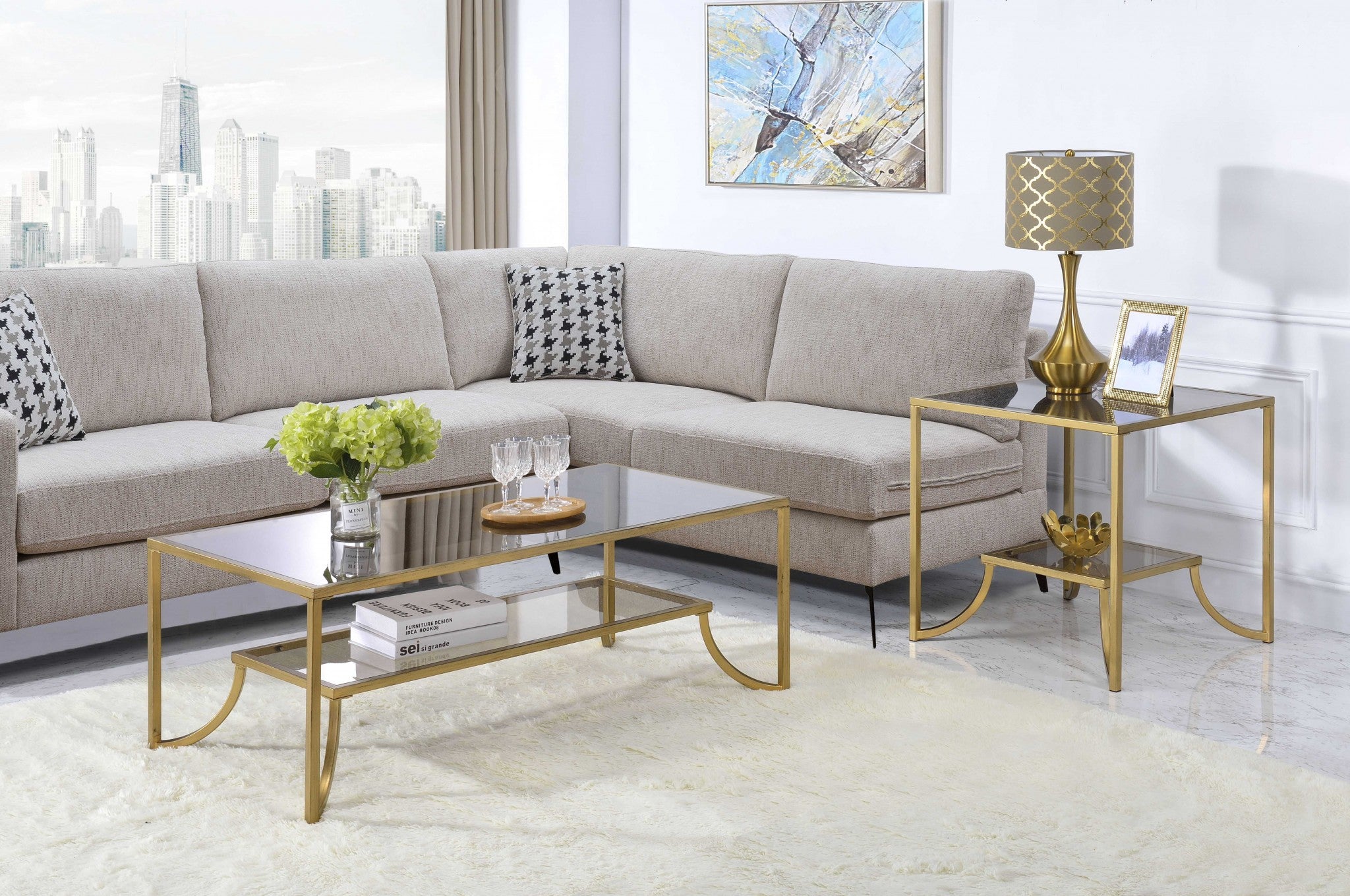 24" X 48" X 18" Antique Gold Smoky Glass Metal Coffee Table