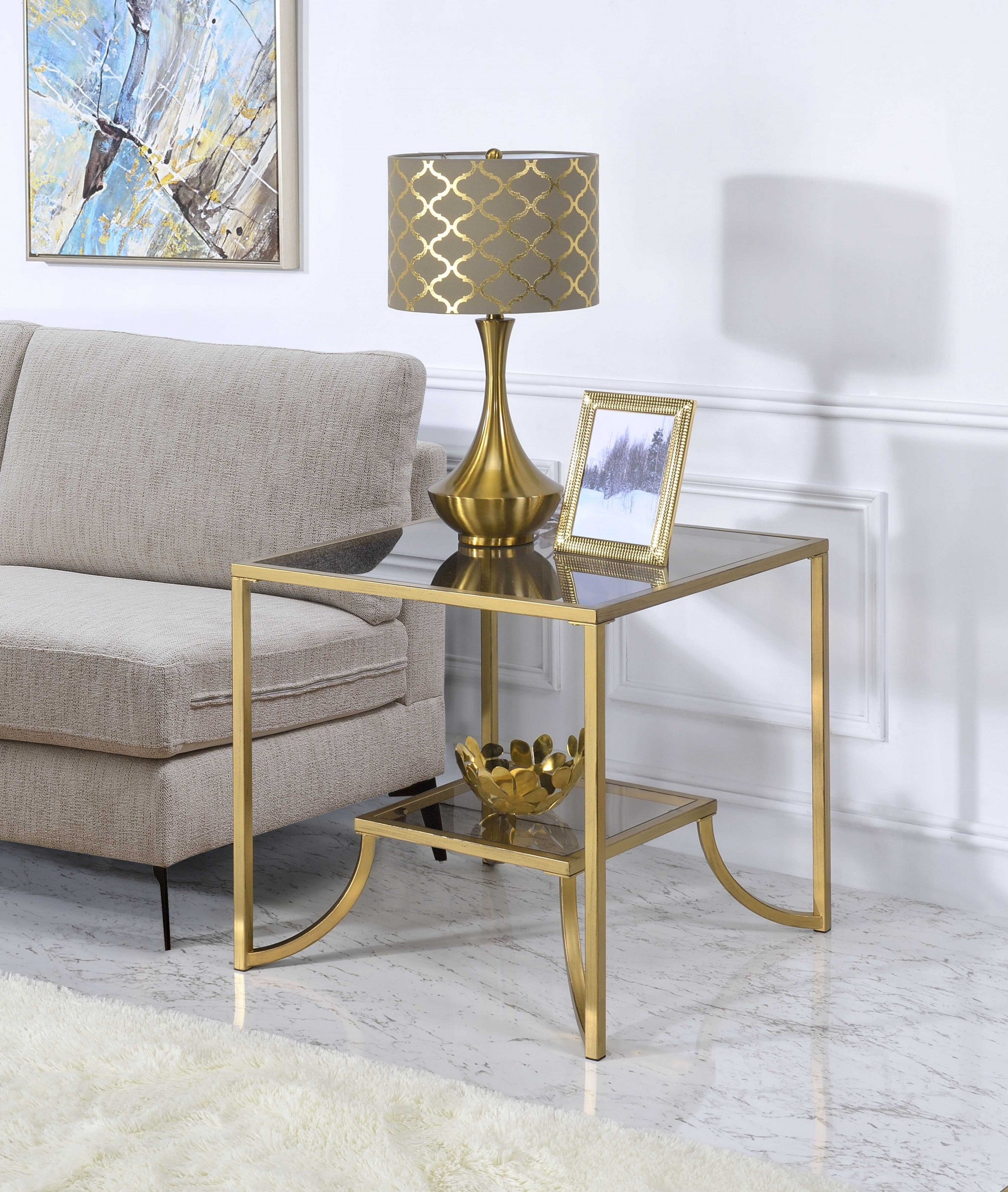 24" X 24" X 24" Antique Gold Smoky Glass Metal End Table