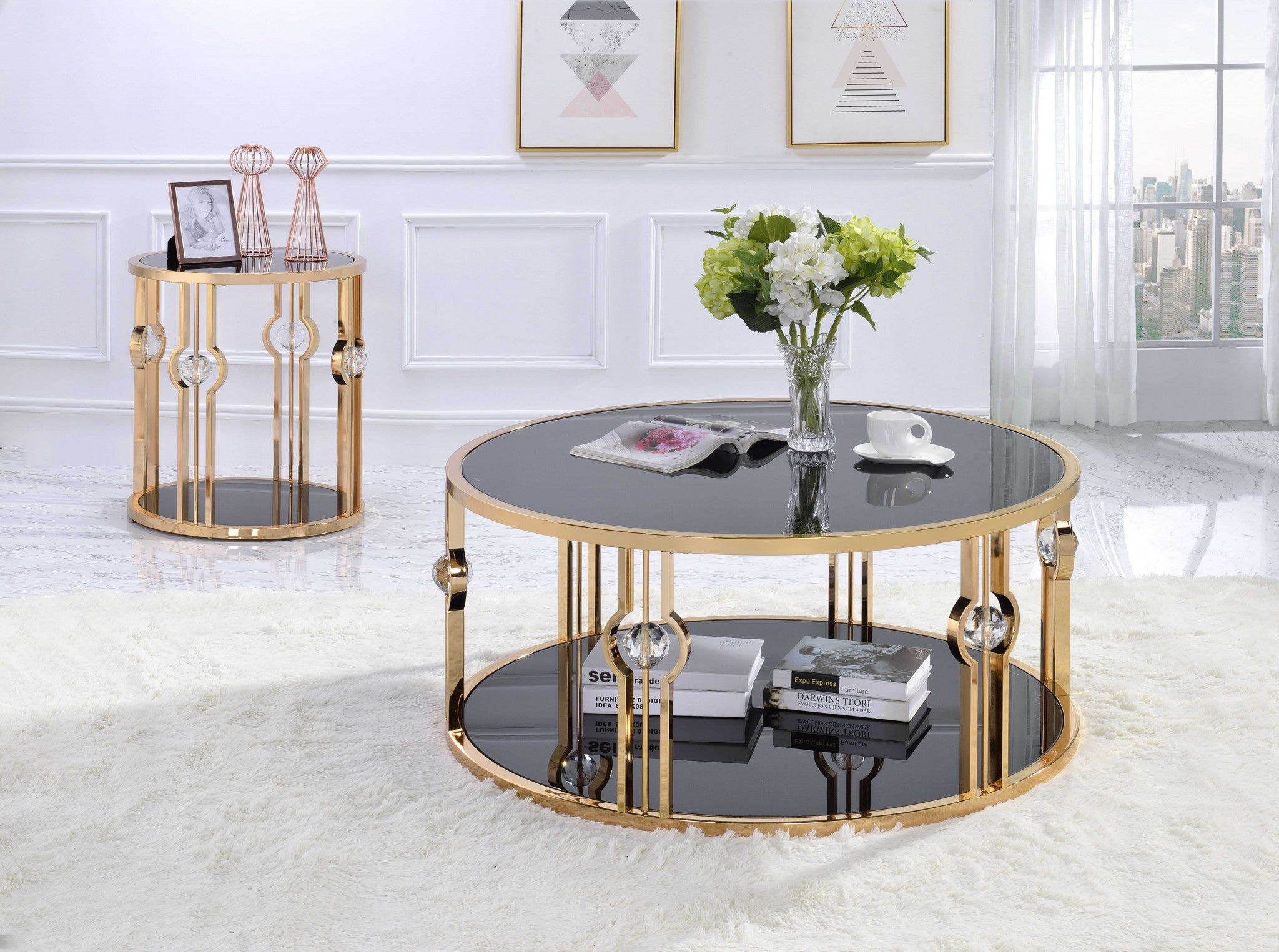 40" X 40" X 18" Metal Glass Coffee Table and Gold & Black Glass