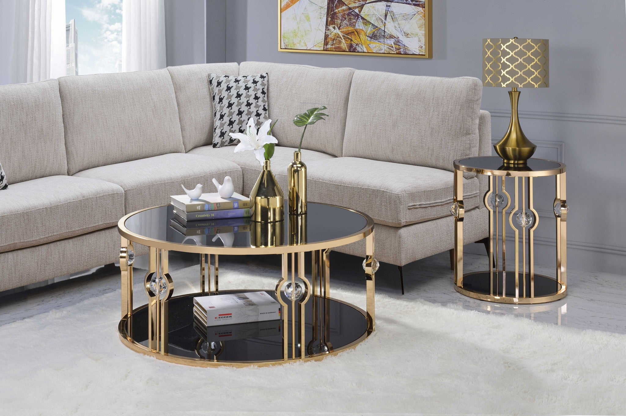 40" X 40" X 18" Metal Glass Coffee Table and Gold & Black Glass