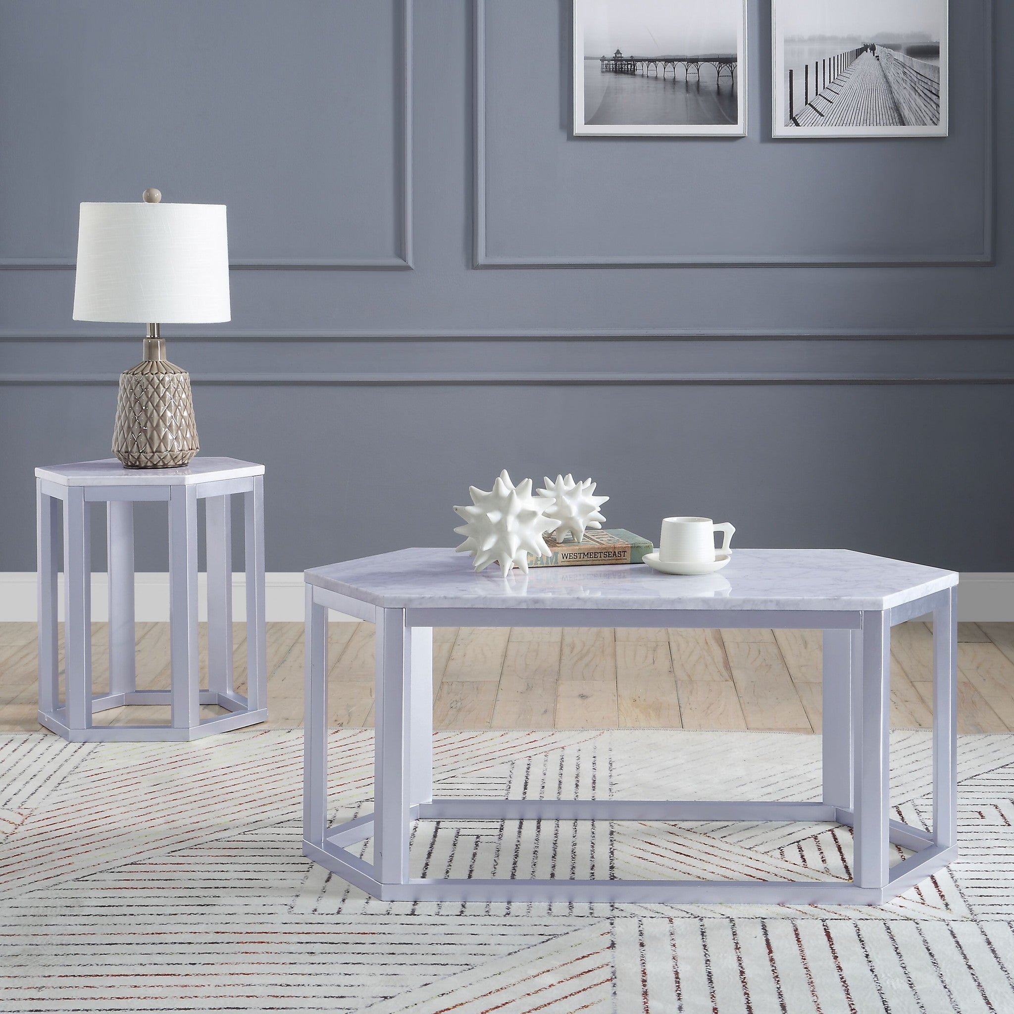 20" X 40" X 18" Silver Marble Wood Coffee Table