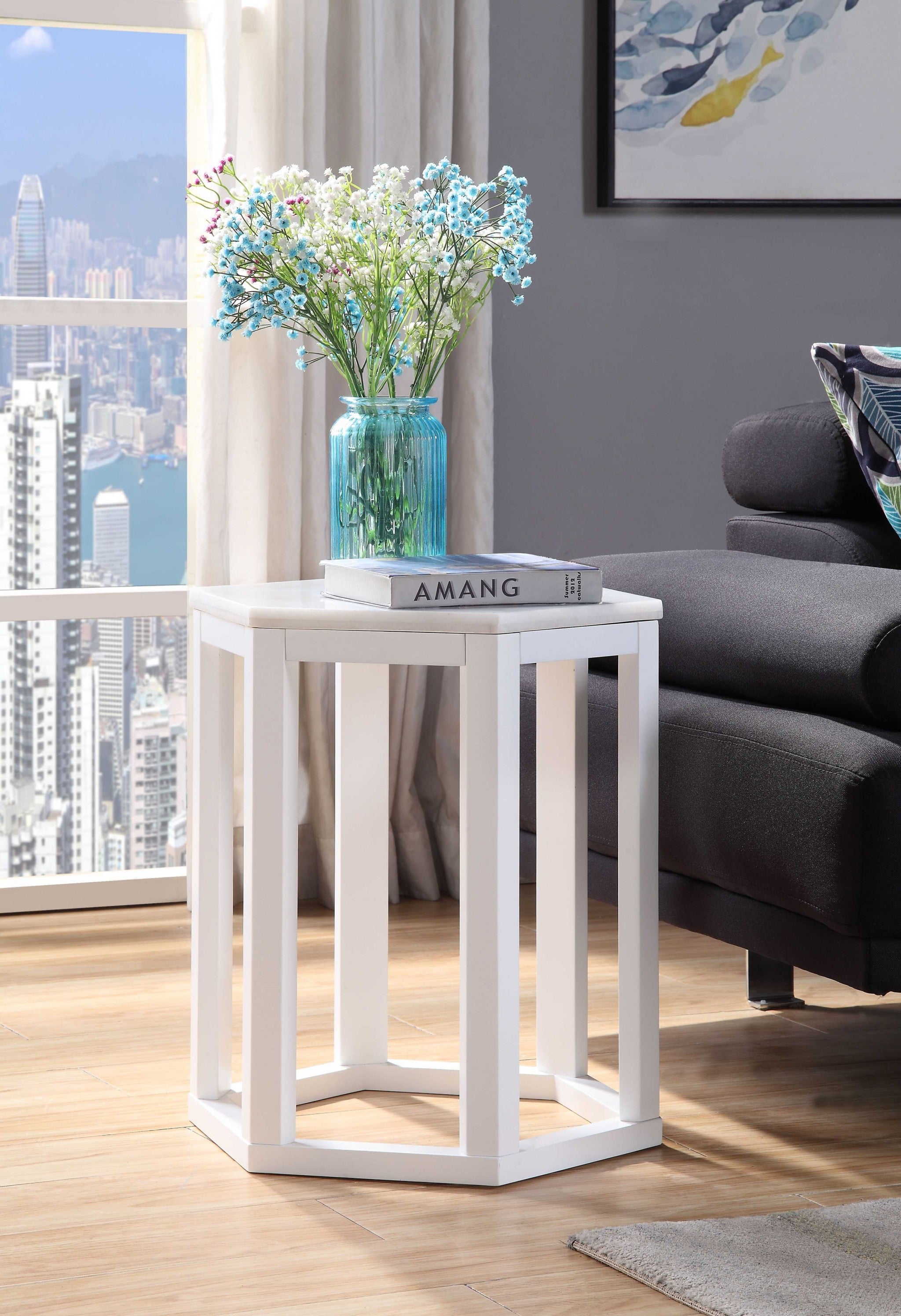 16" X 18" X 20" White Marble Wood 2Pc Pk End Table