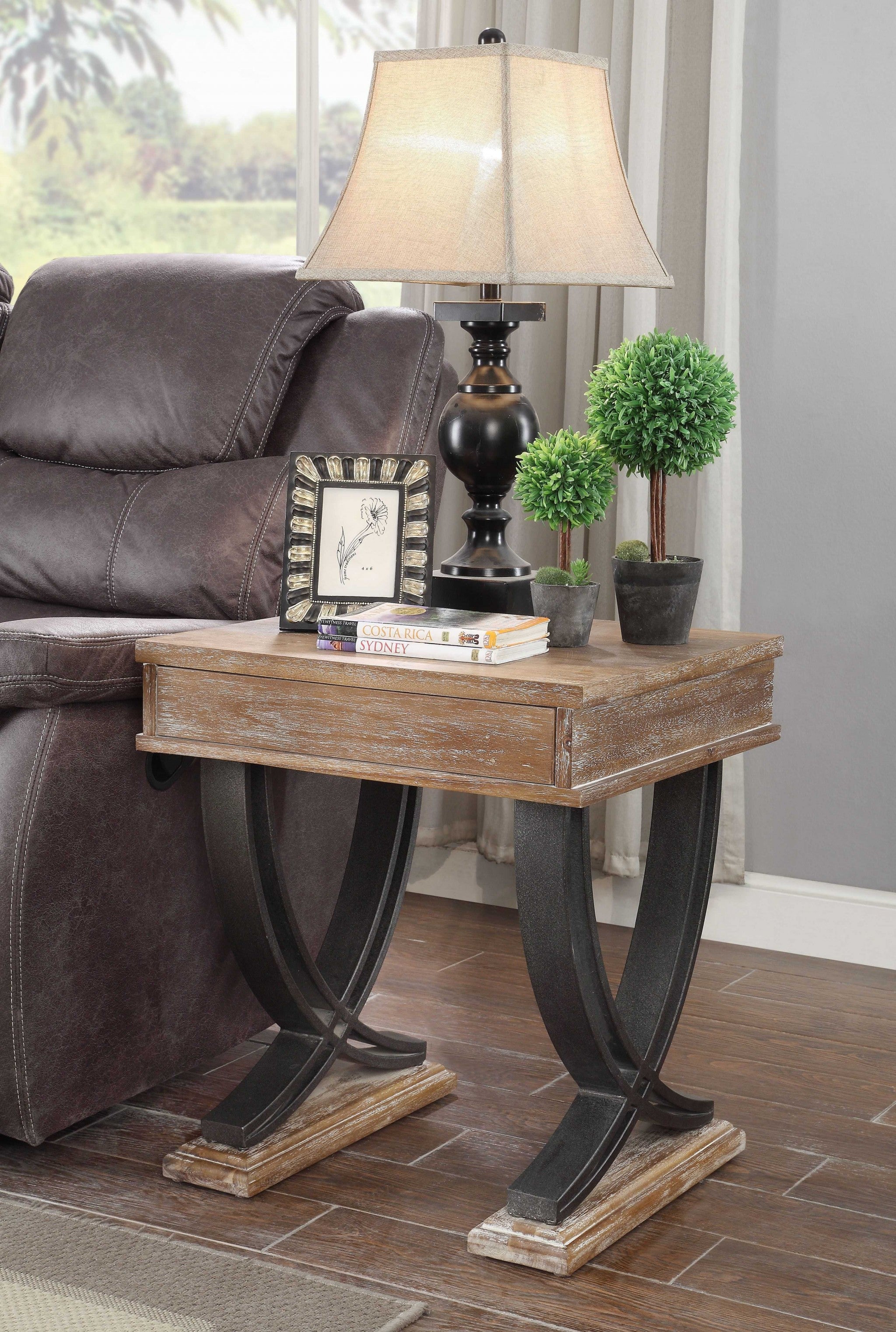 20" X 22" X 25" Antique Oak Black Wood Metal End Table