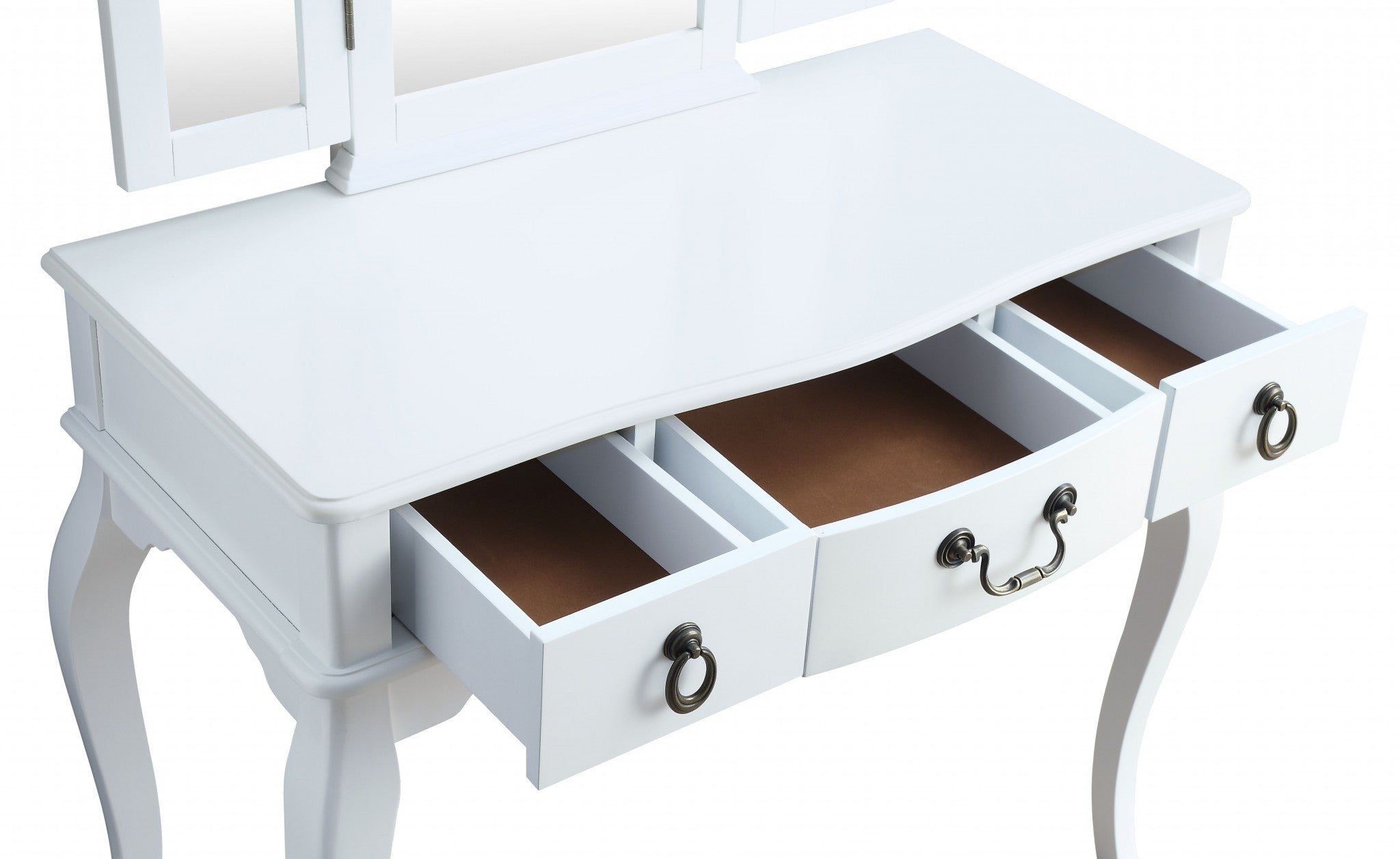 18" X 36" X 52" Tan Fabric White Wood Mirror Upholstered (Seat) Vanity Set