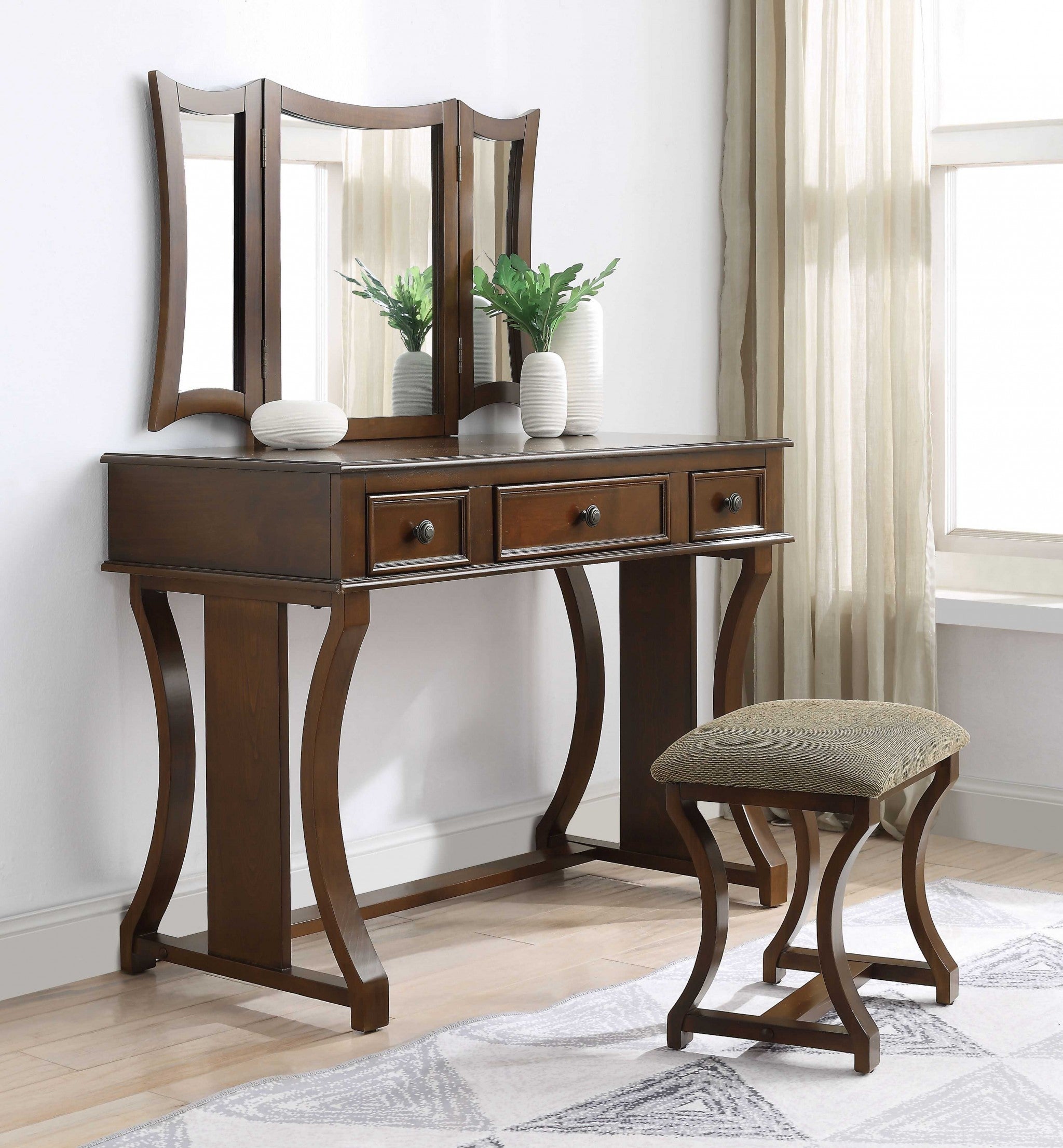 19" X 43" X 54" Taupe Fabric Cherry Wood Mirror Upholstered (Seat) Vanity Set