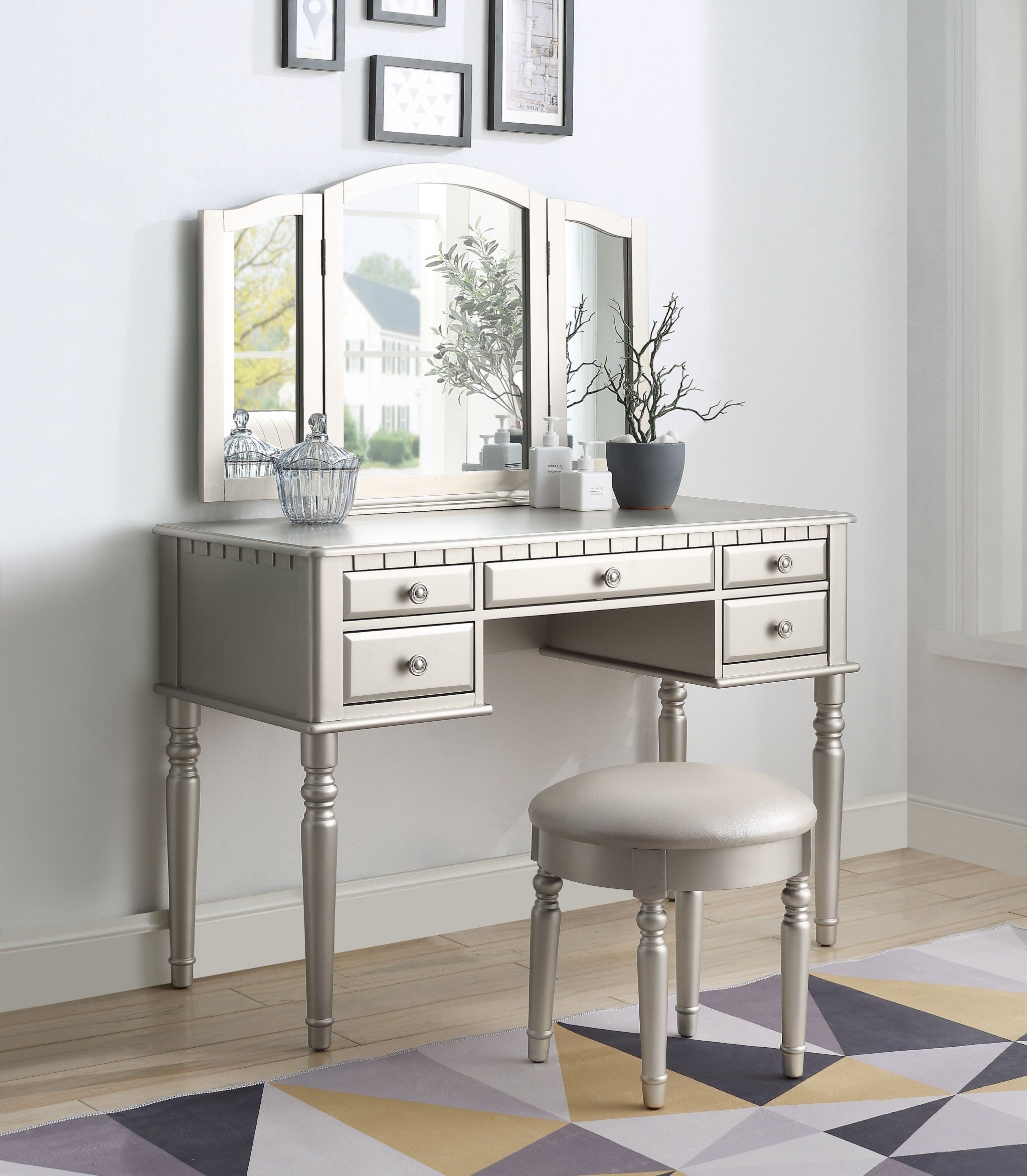 19" X 43" X 54" PU Silver Wood Mirror Upholstered (Seat) Vanity Set