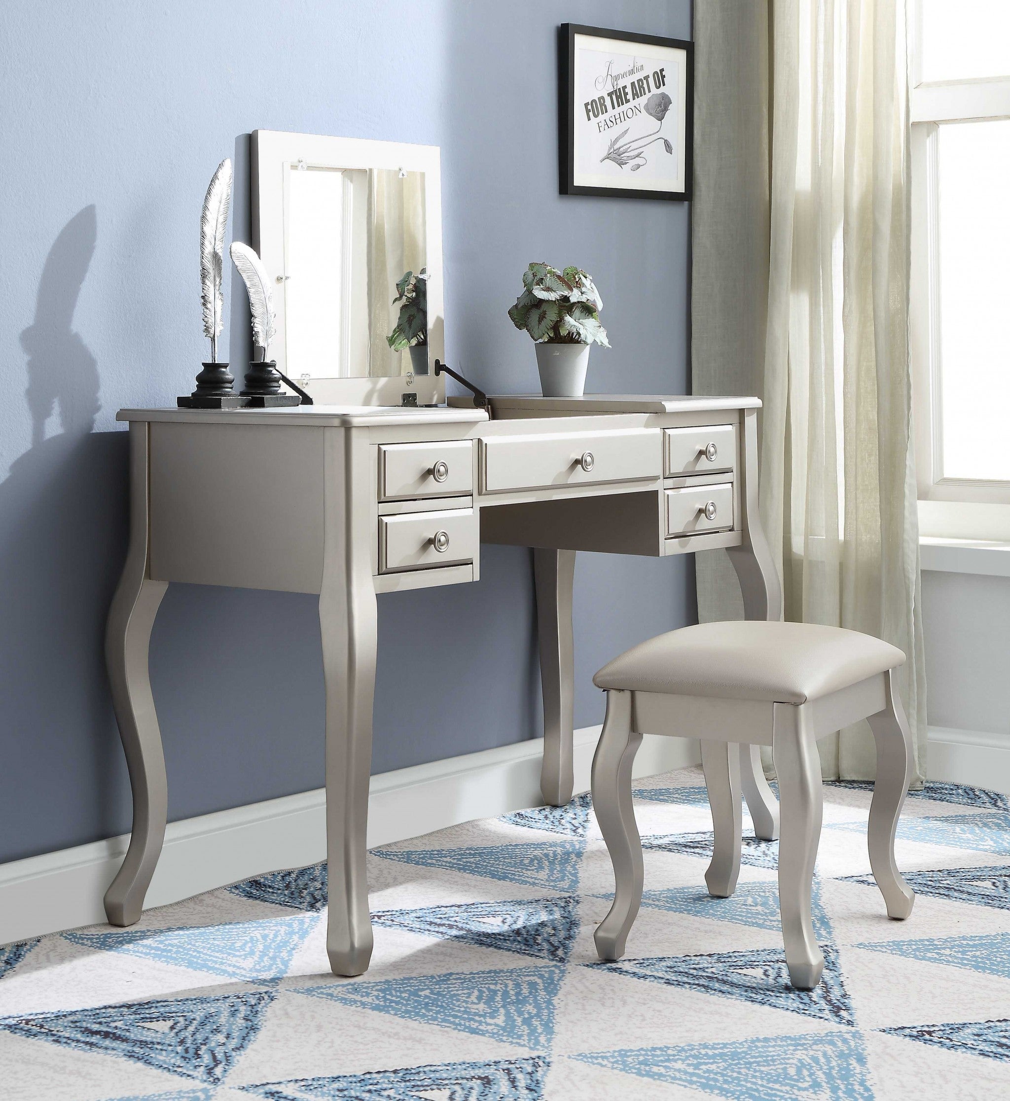 18" X 43" X 47" PU Silver Wood Mirror Upholstered (Seat) Vanity Set