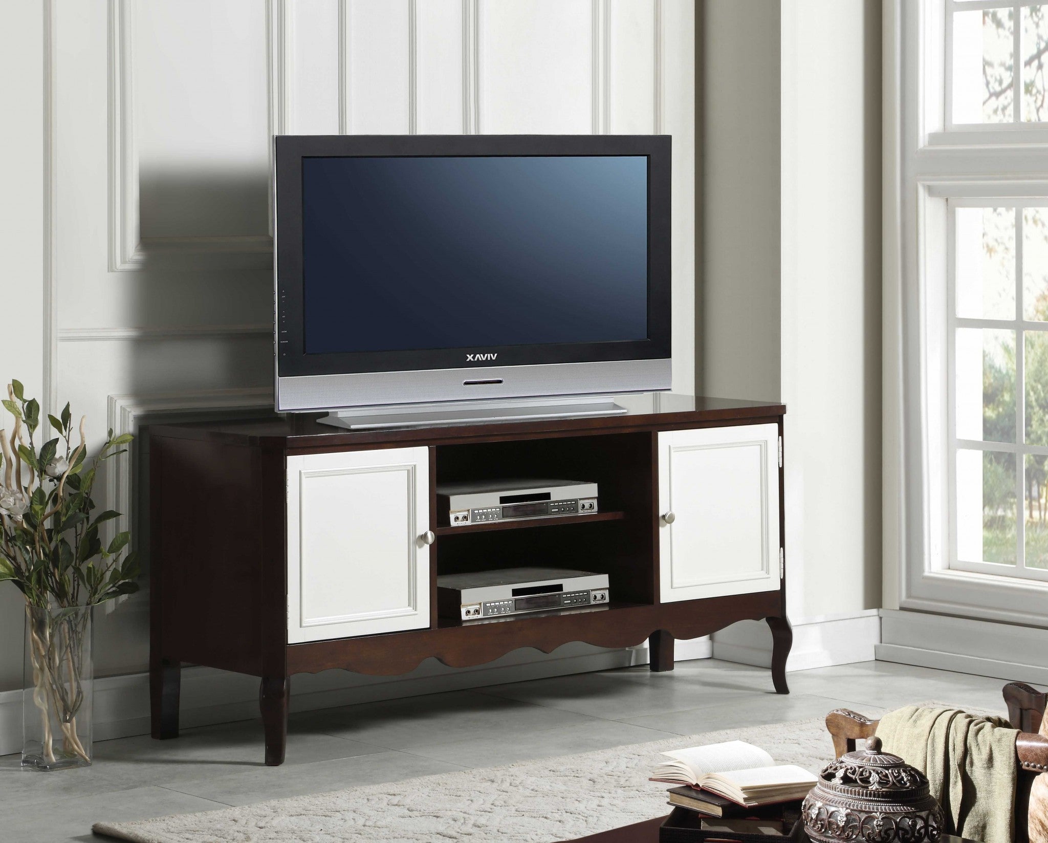 21" X 61" X 28" Walnut White Wood TV Stand