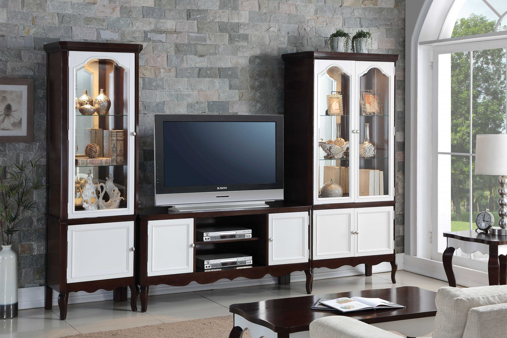 18" X 26" X 78" Walnut White Wood Curio Cabinet