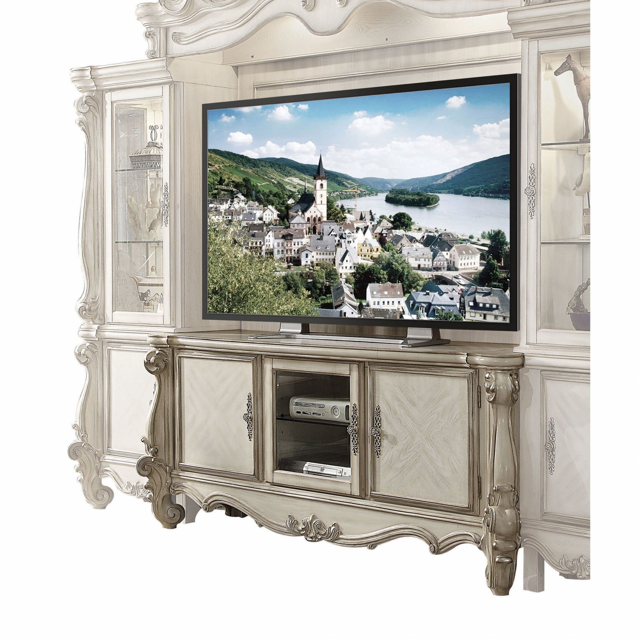 21" X 74" X 31" Bone White Wood Poly Resin Glass TV Console