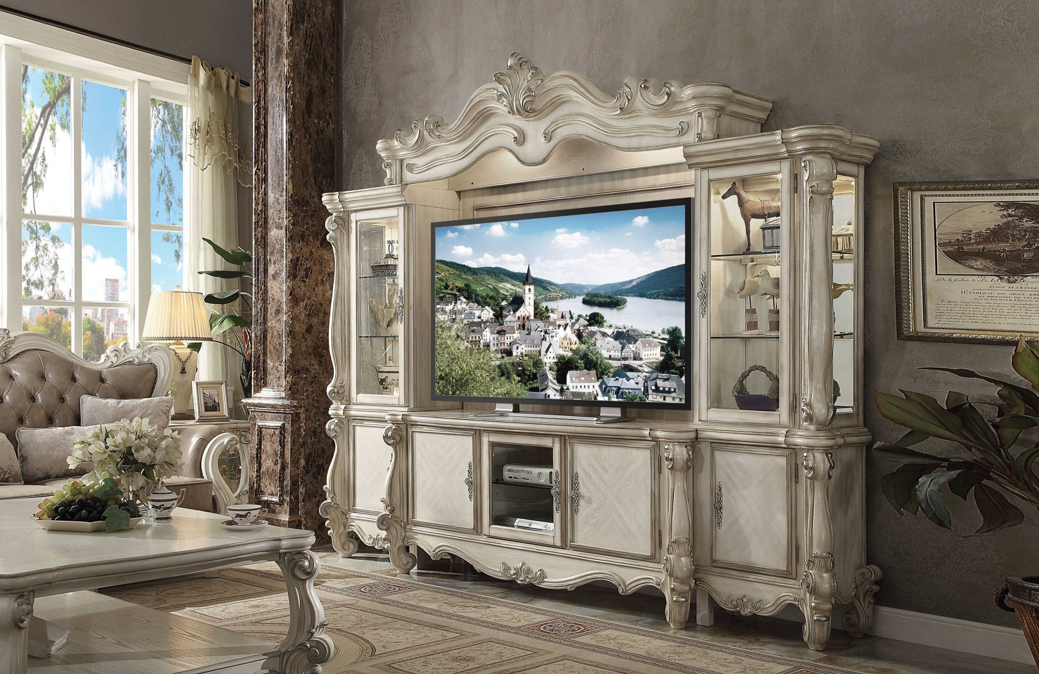 21" X 74" X 31" Bone White Wood Poly Resin Glass TV Console