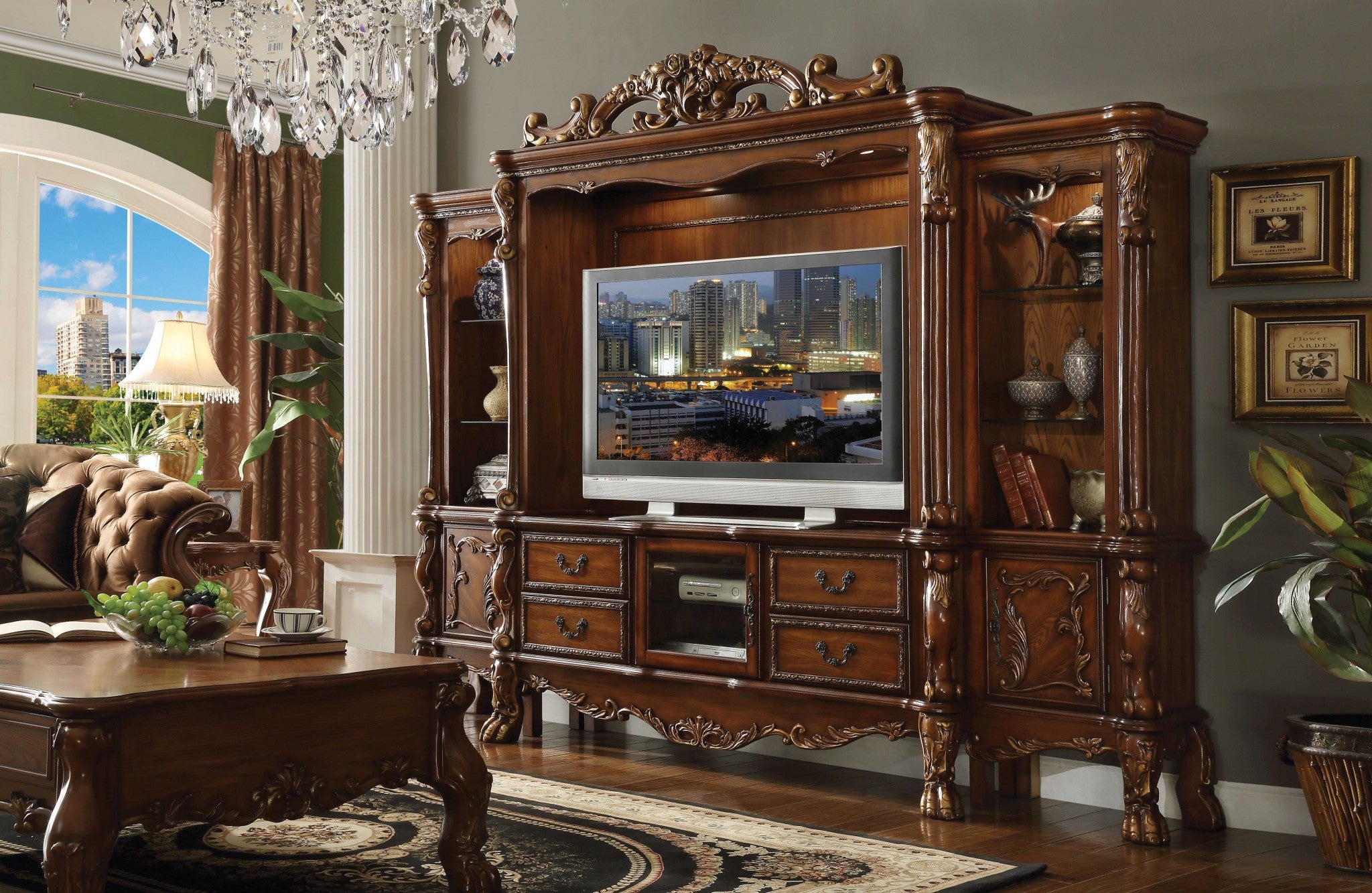 19" X 79" X 31" Cherry Oak Wood Poly Resin Glass TV Console