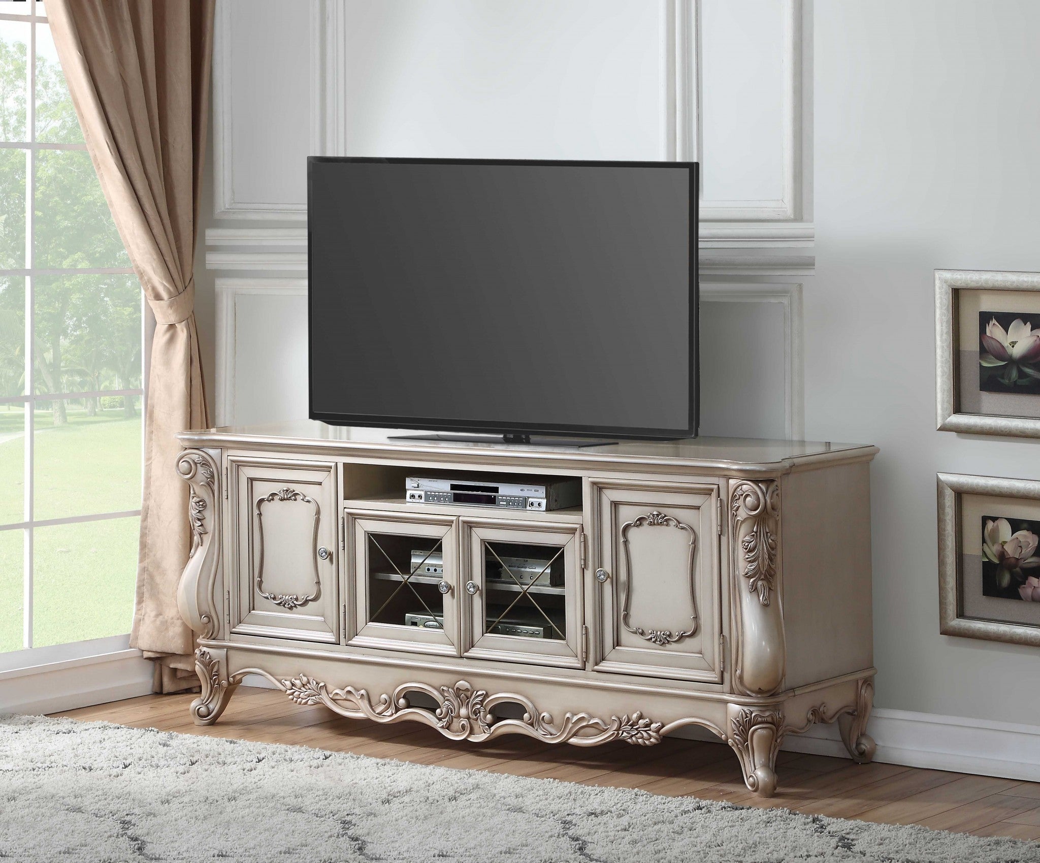 25" X 74" X 32" Antique White Wood Glass Poly-Resin TV Stand