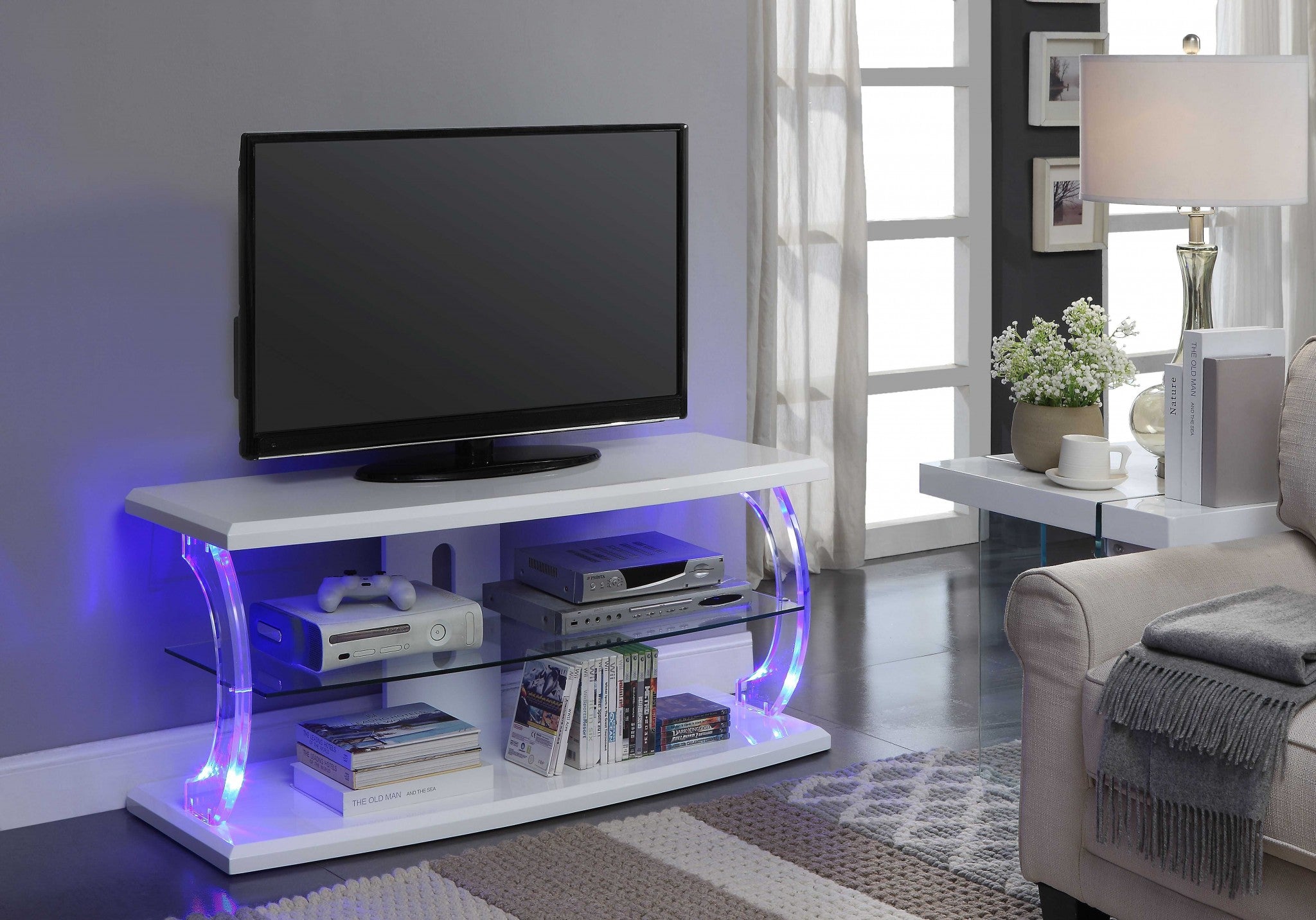 18" X 48" X 22" White Clear Glass Wood Glass Veneer (Melamine) TV Stand (LED)
