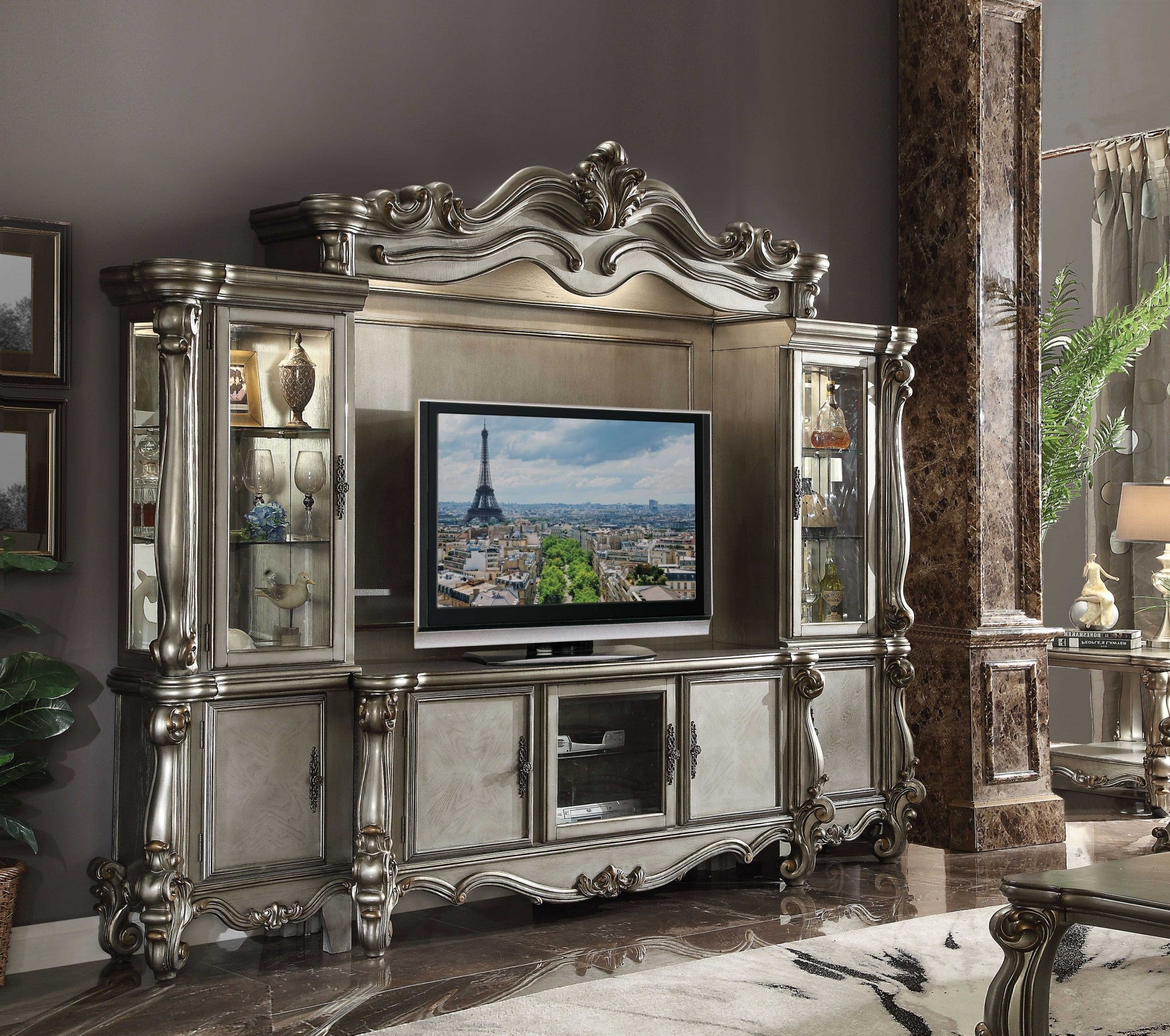 21" X 74" X 31" Antique Platinum Wood Poly Resin Glass TV Console