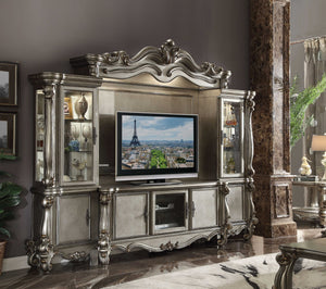 21" X 74" X 31" Antique Platinum Wood Poly Resin Glass TV Console