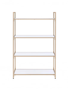 16" X 37" X 60" White High Gloss Gold Metal Wood Bookshelf