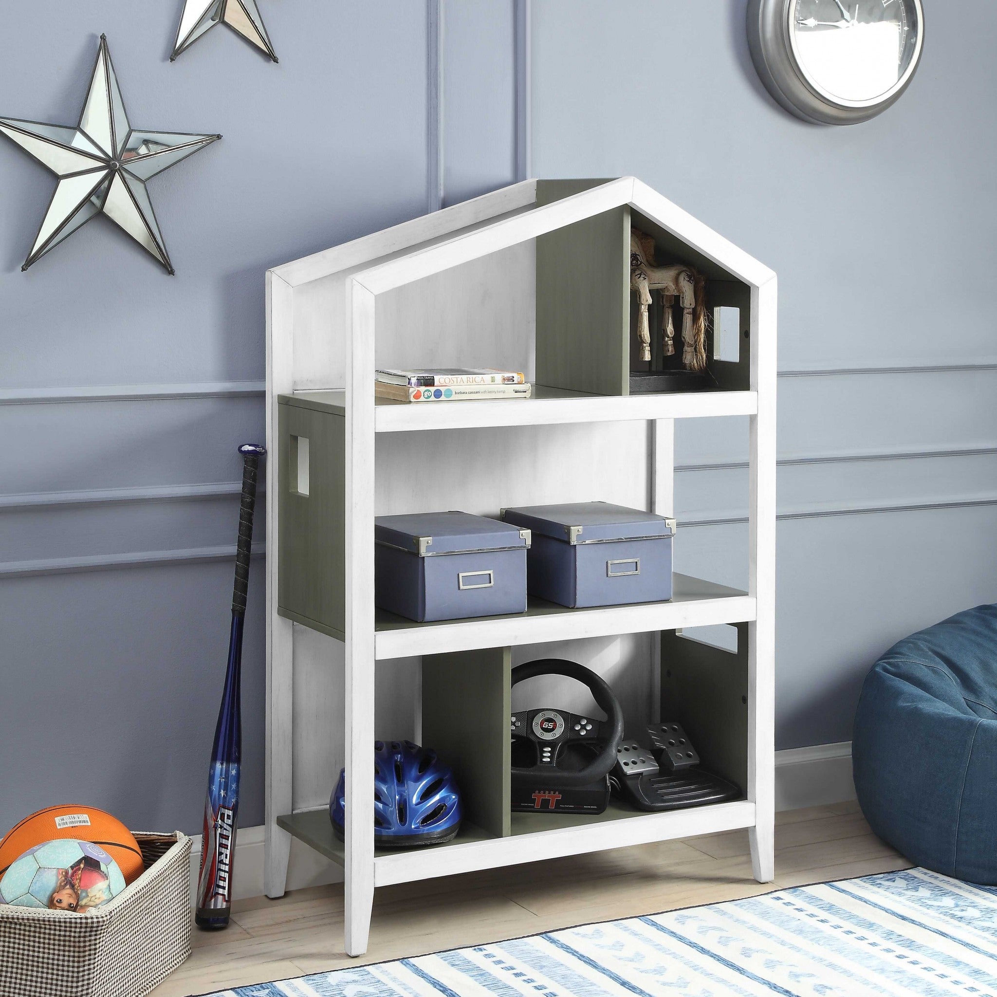 14" X 33" X 50" Weathered White Washed Gray Wood Bookcase