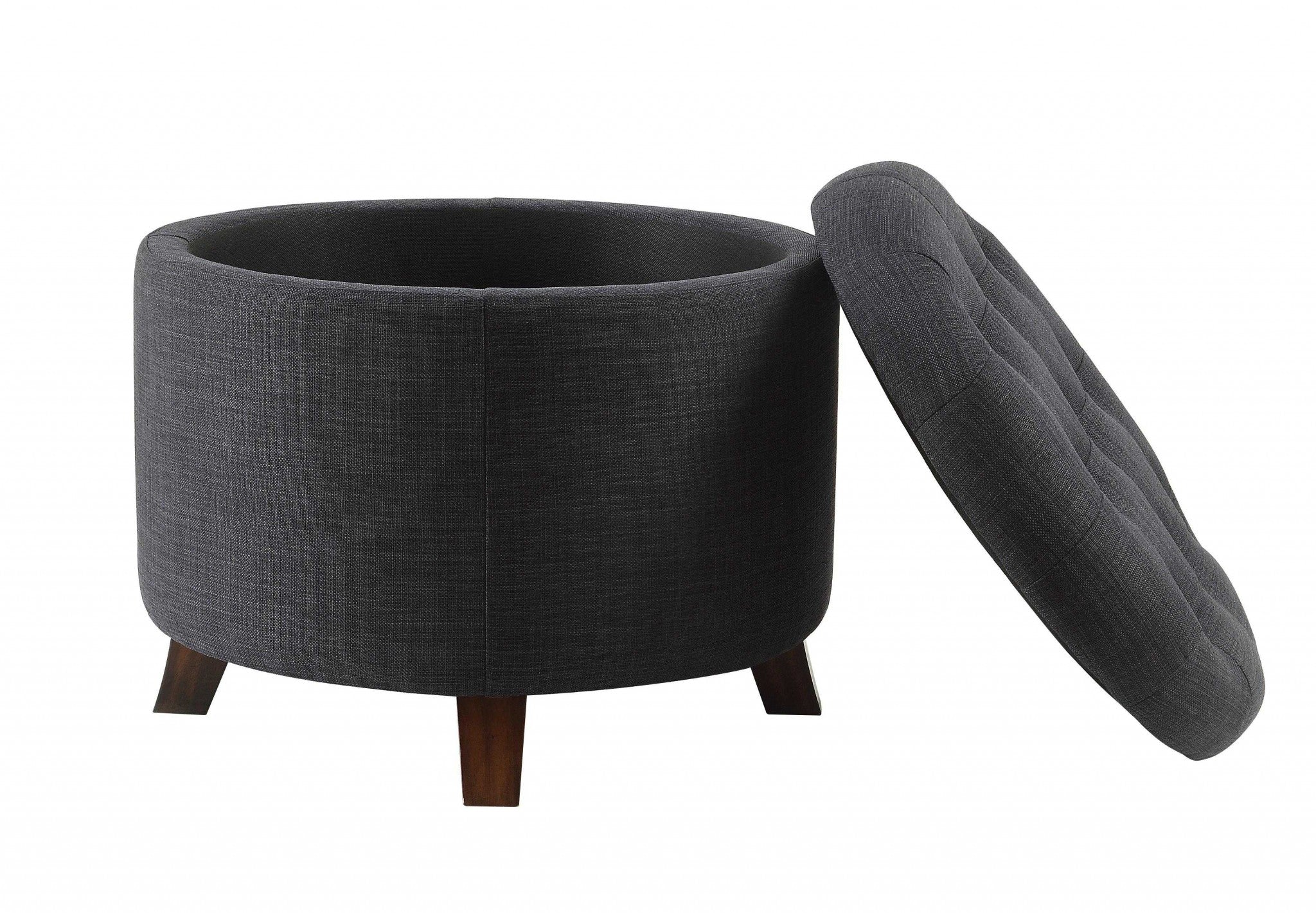 20" X 20" X 17" Dark Blue Linen Upholstery Wood Leg Ottoman w/Storage