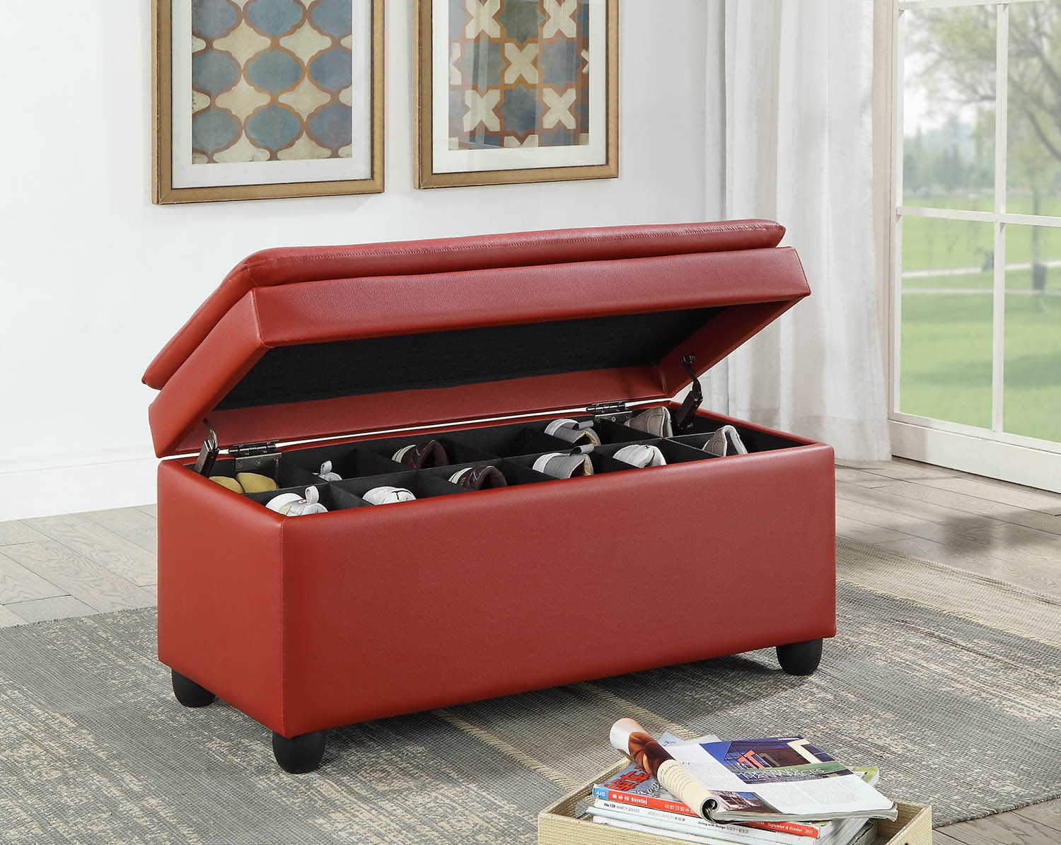 19" X 39" X 20" Wine PU Upholstery Bench w/Storage