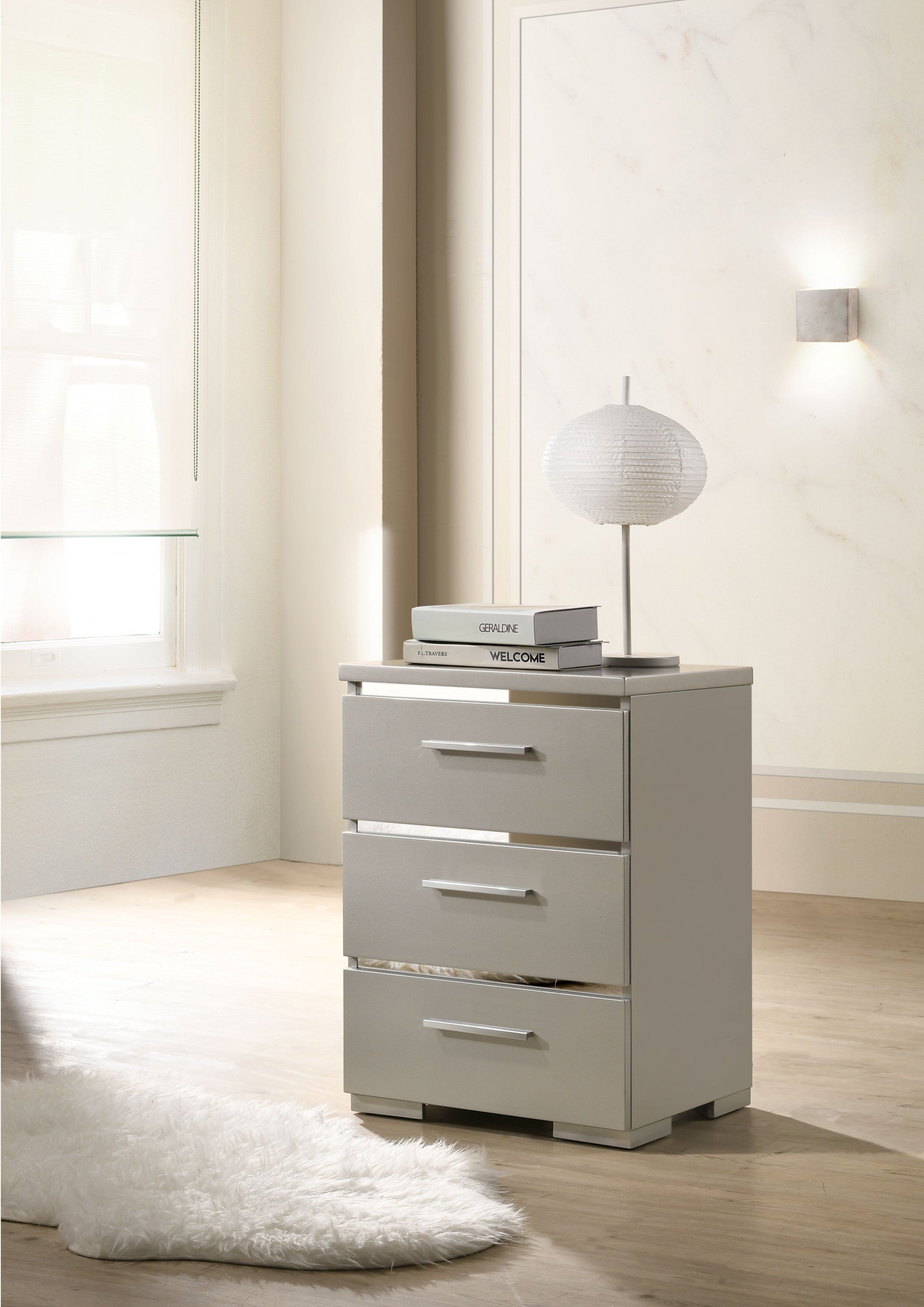 15" X 18" X 25" Silver Wood Veneer (Paper) Nightstand