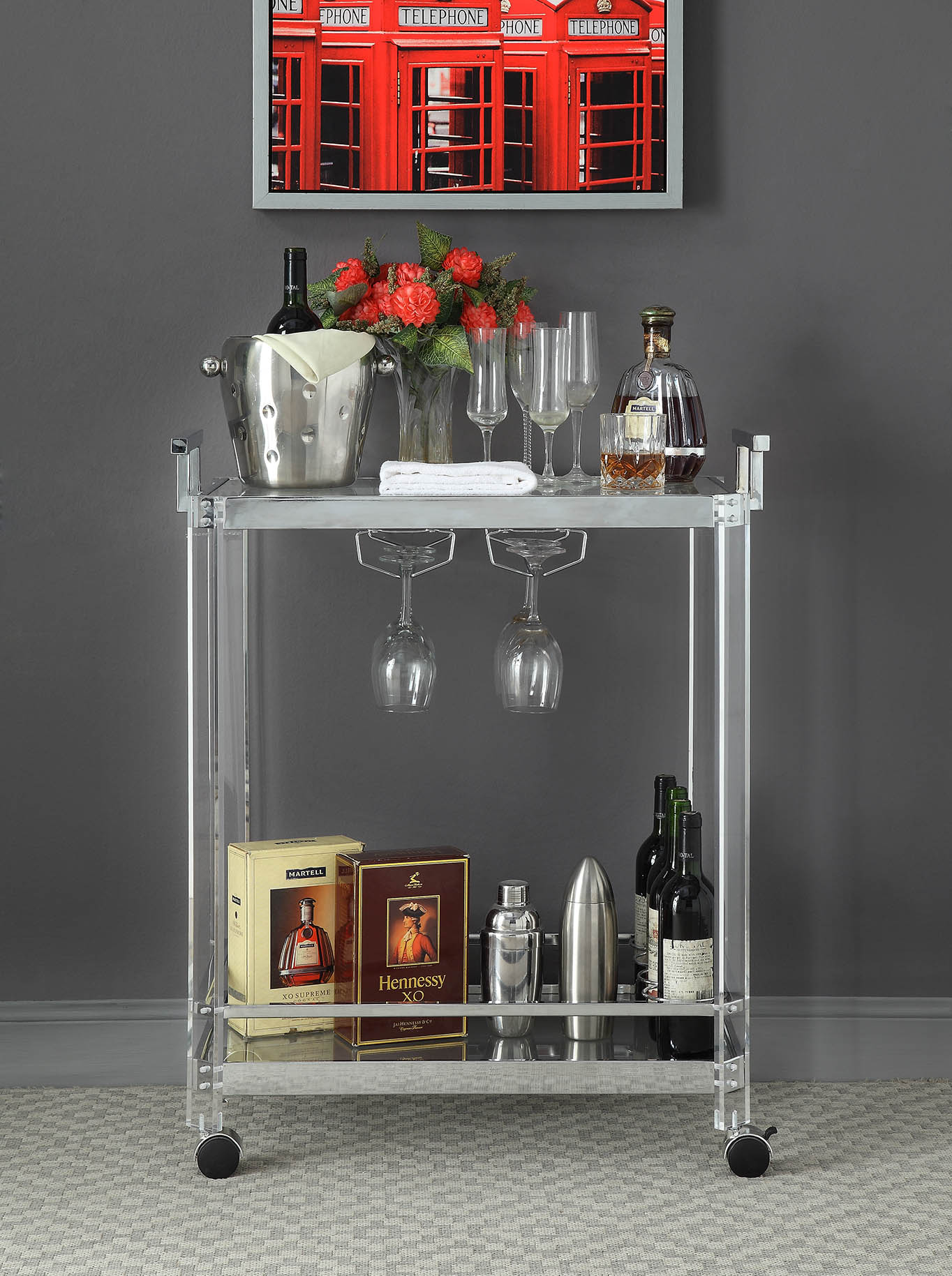 17" X 29" X 35" Chrome Clear Glass Metal Acrylic Serving Cart