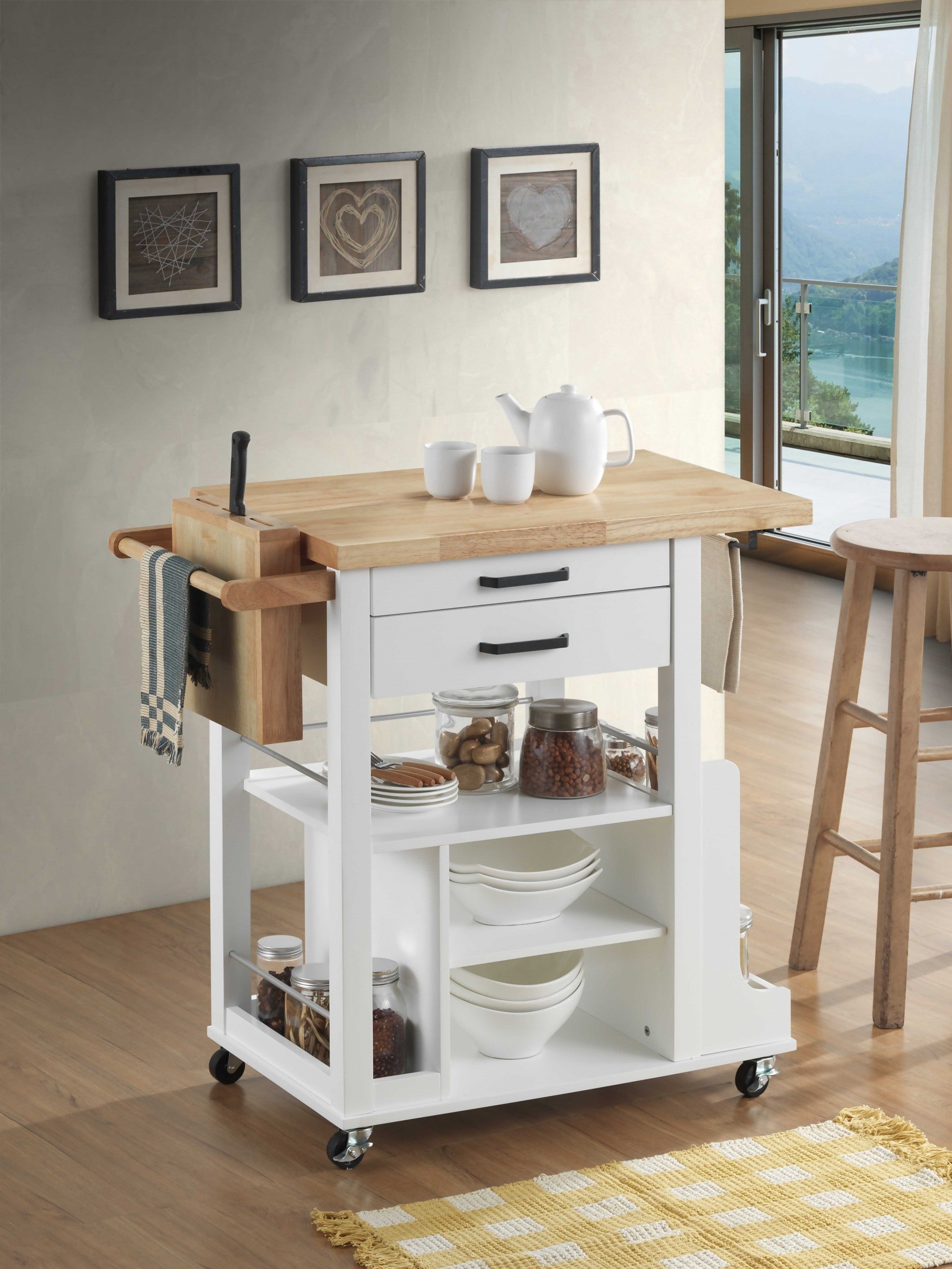19" X 35" X 35" Natural White Wood Casters Kitchen Cart