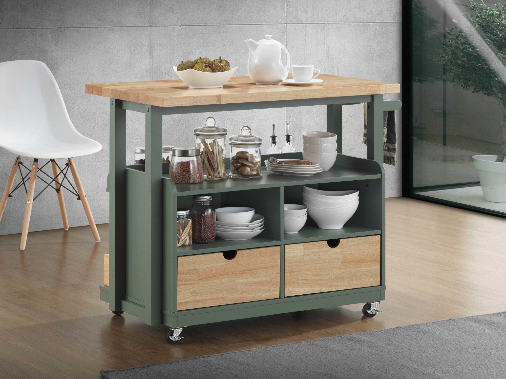 24" X 43" X 35" Natural Green Wood Casters Kitchen Cart