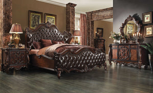 92" X 97" X 76" 2-Tone Dark Brown PU Cherry Oak Wood Poly Resin Upholstery Eastern King Bed