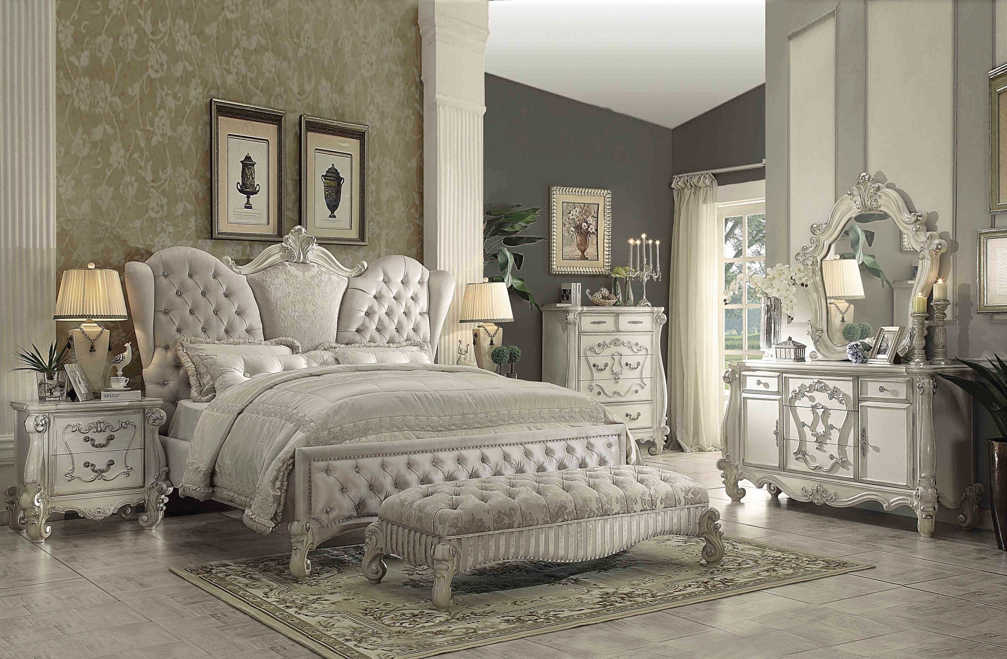 91" X 96" X 75" Ivory Velvet Bone White Upholstery Poly Resin Eastern King Bed