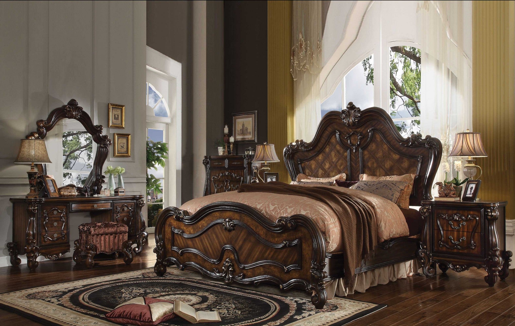 86" X 97" X 75" Cherry Oak Wood Poly Resin California King Bed