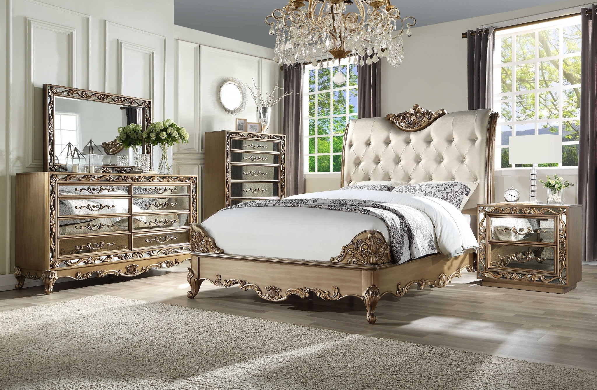 85" X 103" X 71" Champagne PU Antique Gold Wood Upholstered HB Eastern King Bed