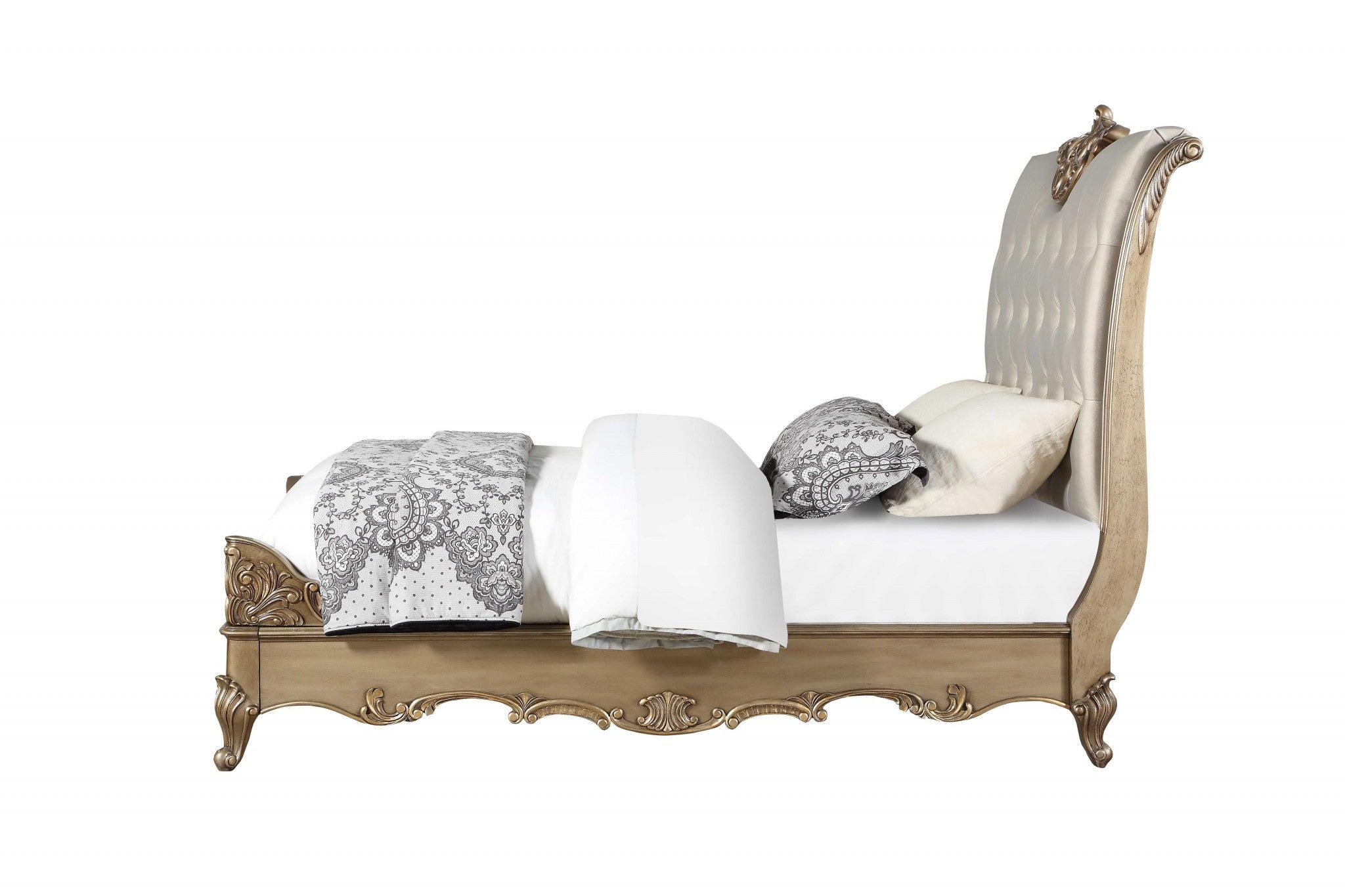 85" X 103" X 71" Champagne PU Antique Gold Wood Upholstered HB Eastern King Bed