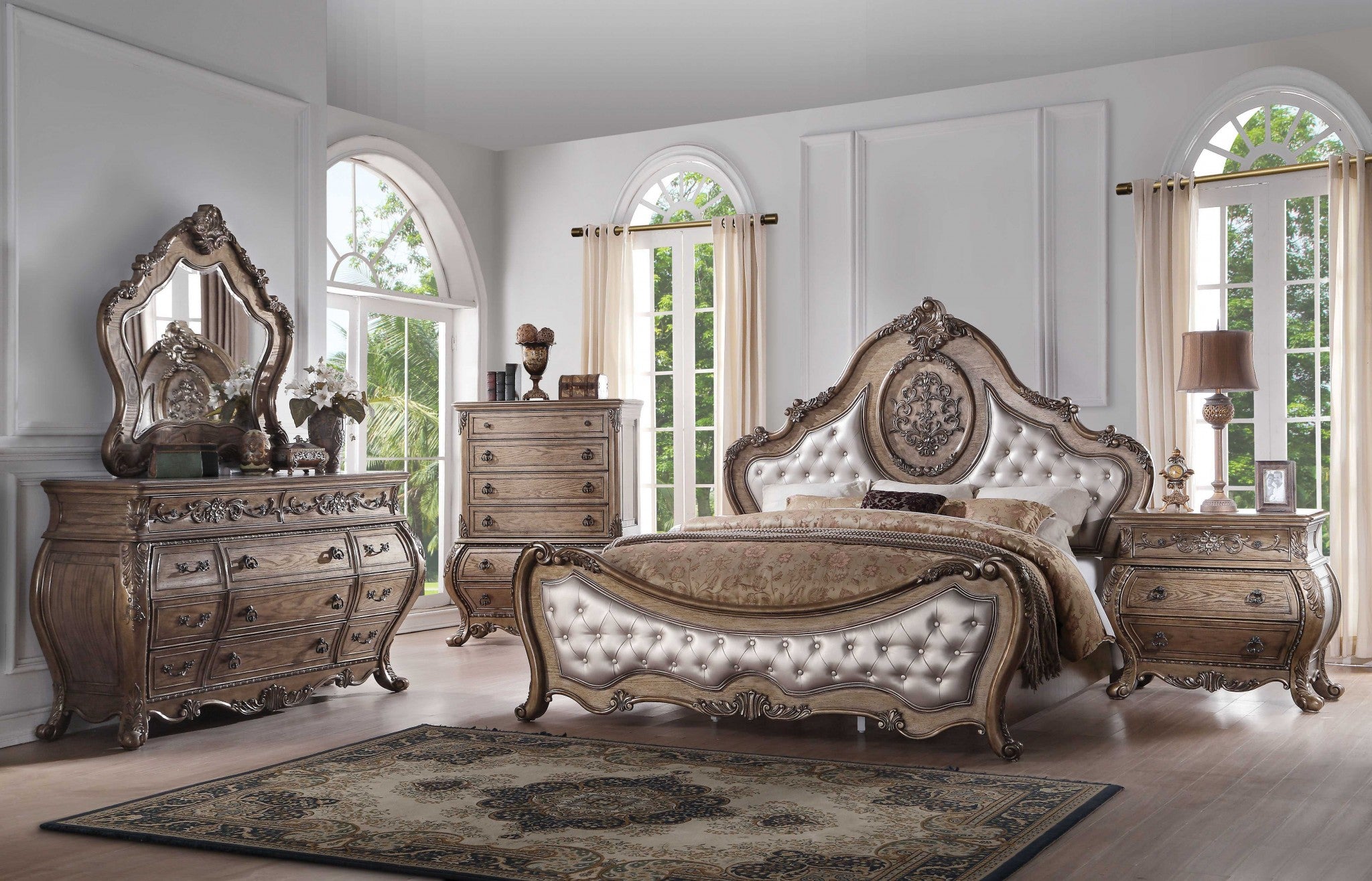 89" X 89" X 76" PU Vintage Oak Wood Upholstery King Bed