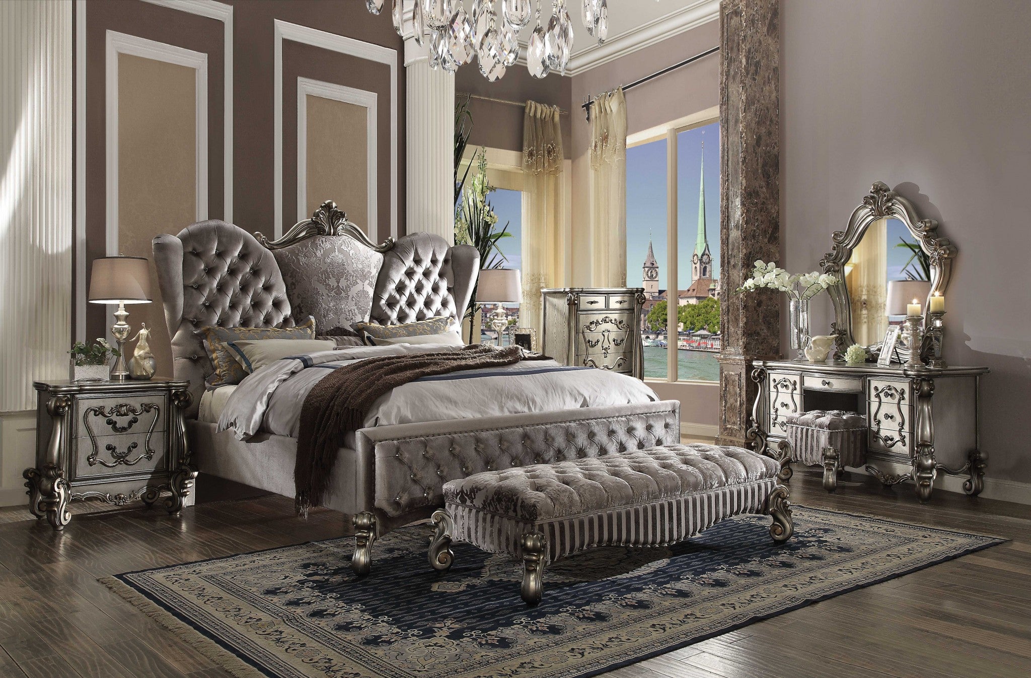 76" X 95" X 72" Velvet Antique Platinum Upholstery Poly Resin Queen Bed