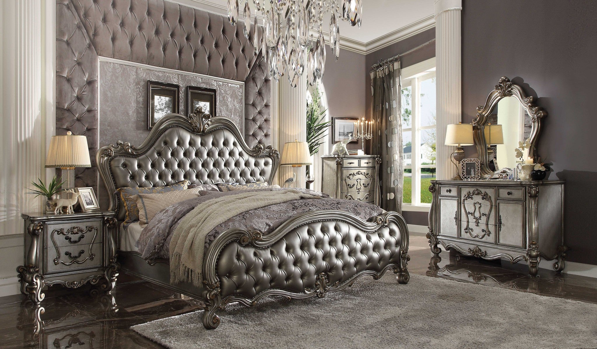 73" X 99" X 72" Silver PU Antique Platinum Upholstery Poly Resin Queen Bed