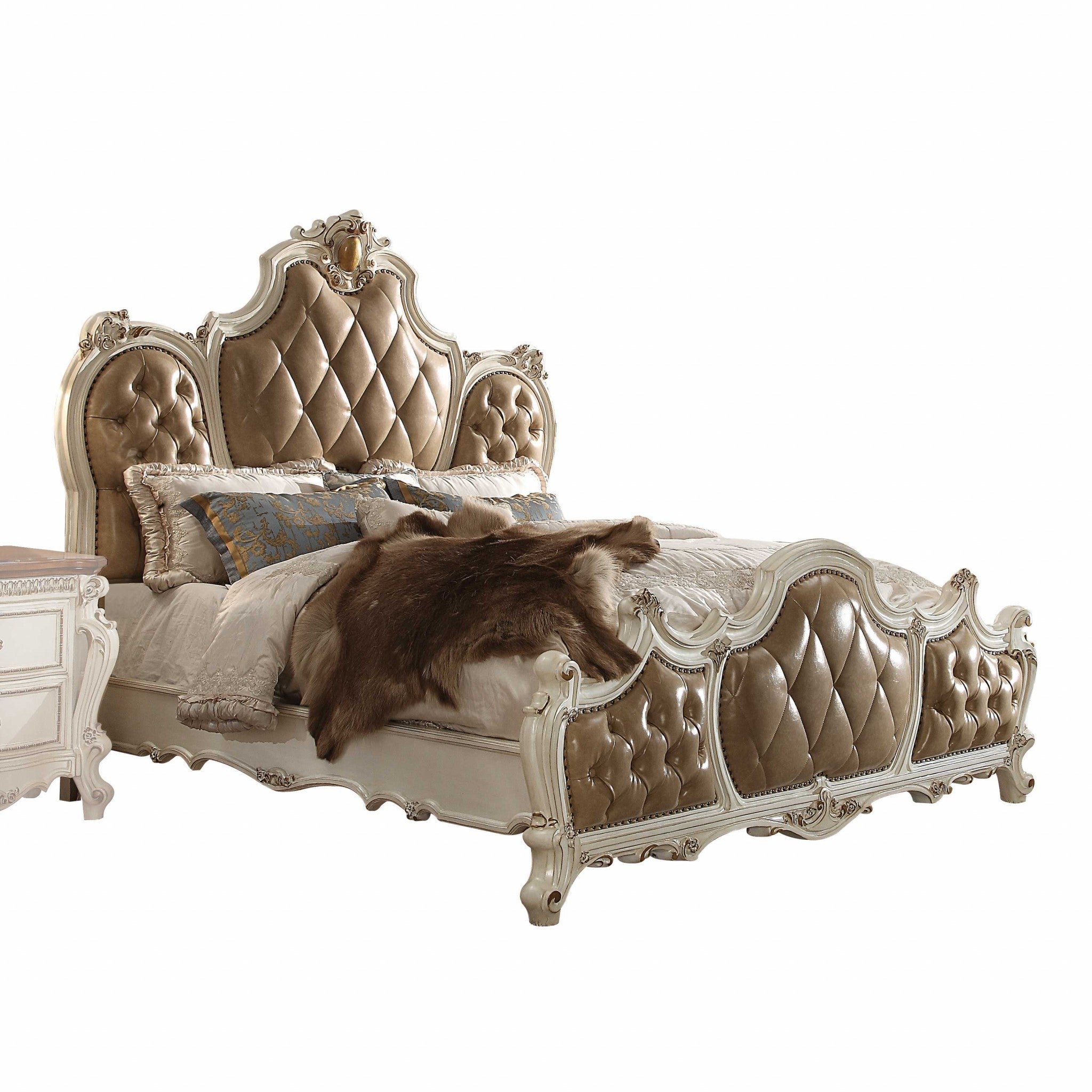 89" X 89" X 78" PU Antique Pearl Wood Poly Resin Upholstery Eastern King Bed