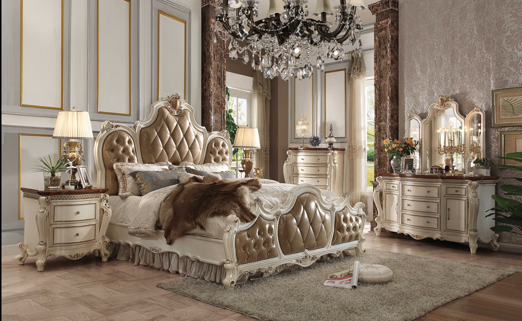 89" X 89" X 78" PU Antique Pearl Wood Poly Resin Upholstery Eastern King Bed
