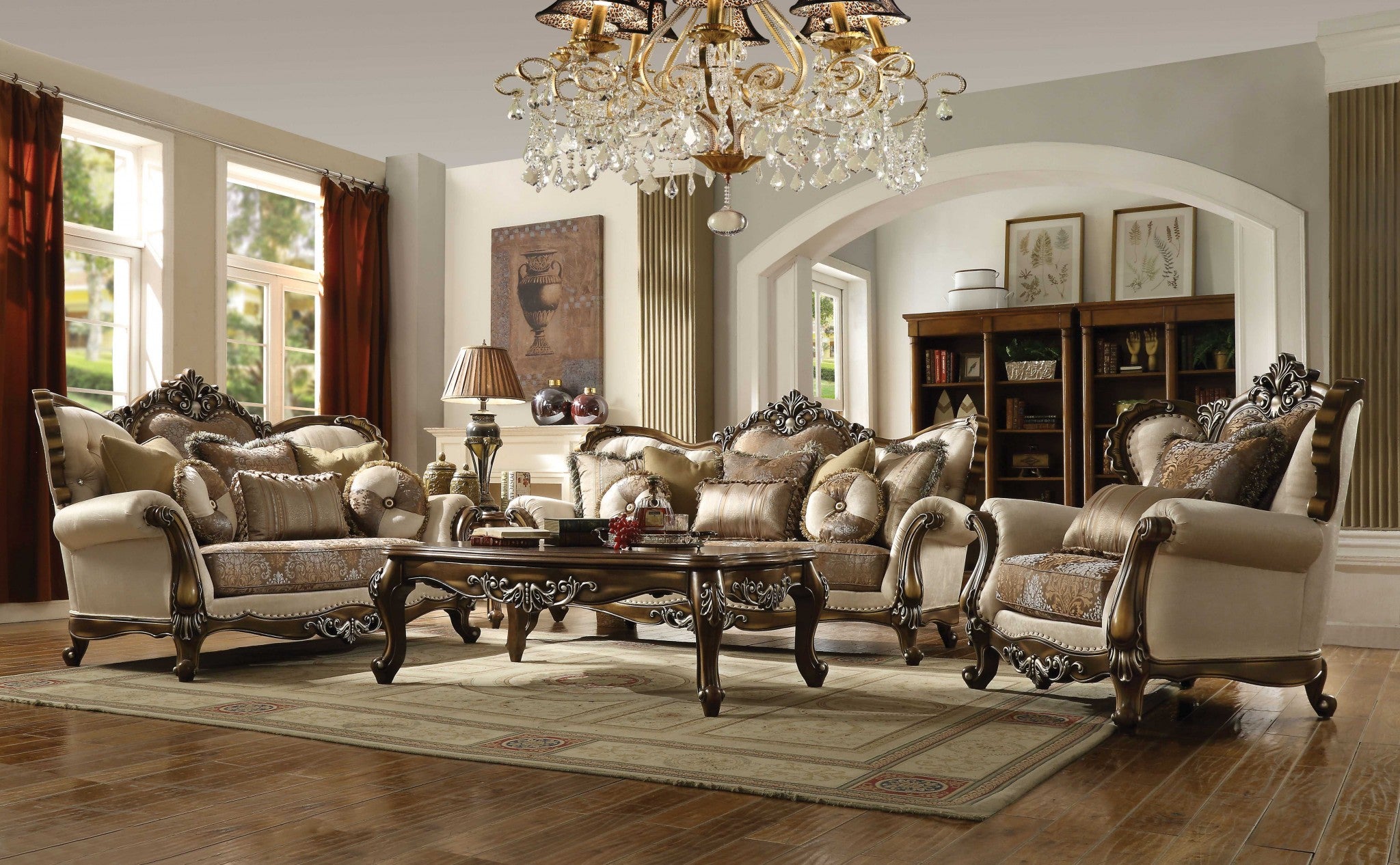 40" X 89" X 48" Tan Pattern Fabric Antique Oak Upholstery Wood Sofa w/6 Pillows