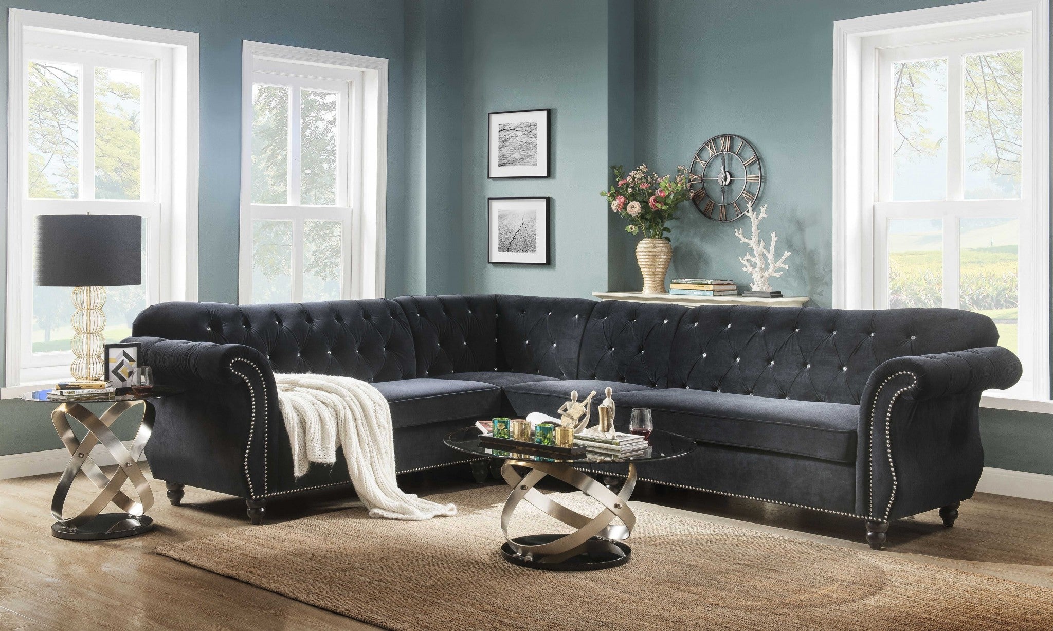 101" X 124" X 37" Black Velvet Upholstery Wood Leg Sectional Sofa