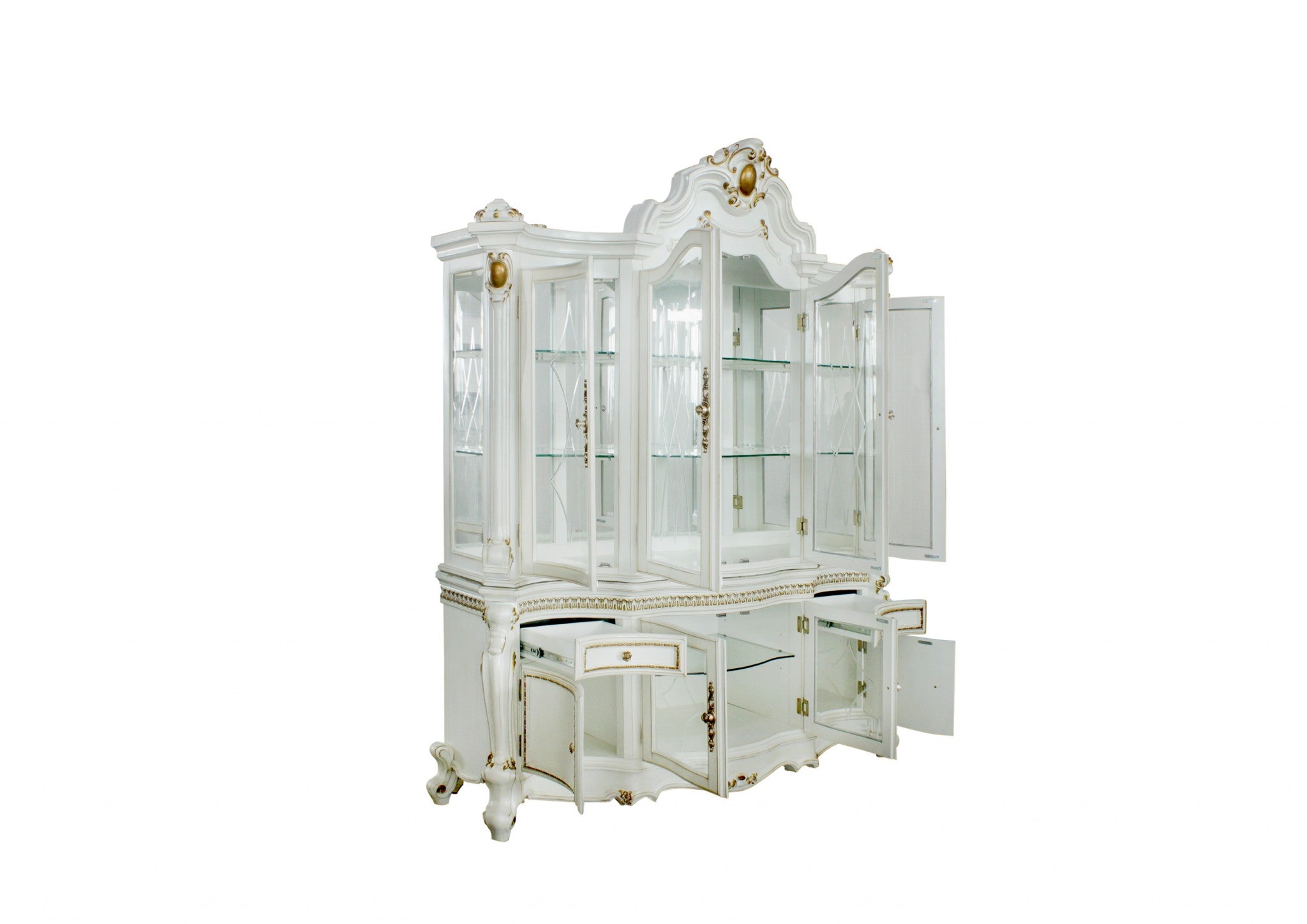 23" X 79" X 92" Antique Pearl Wood PolyResin Glass Mirror Hutch  Buffet