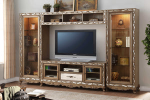17" X 128" X 80" Antique Gold Wood Glass Mirror Entertainment Center