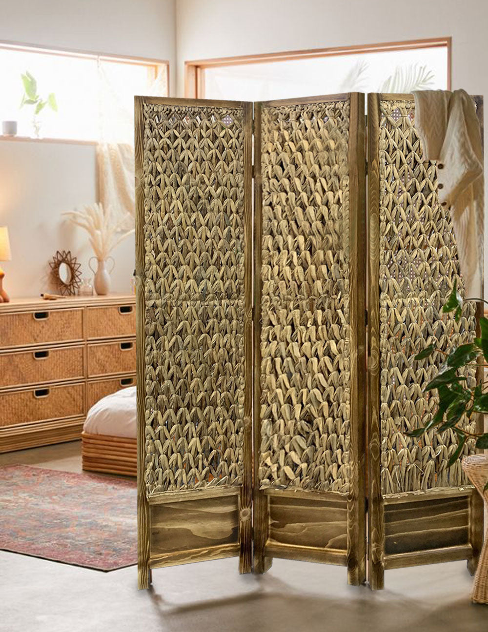 Casual Wood and Seagrass 3 Panel Room Divider Screen