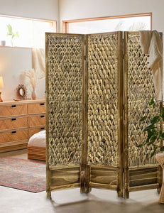 Casual Wood and Seagrass 3 Panel Room Divider Screen