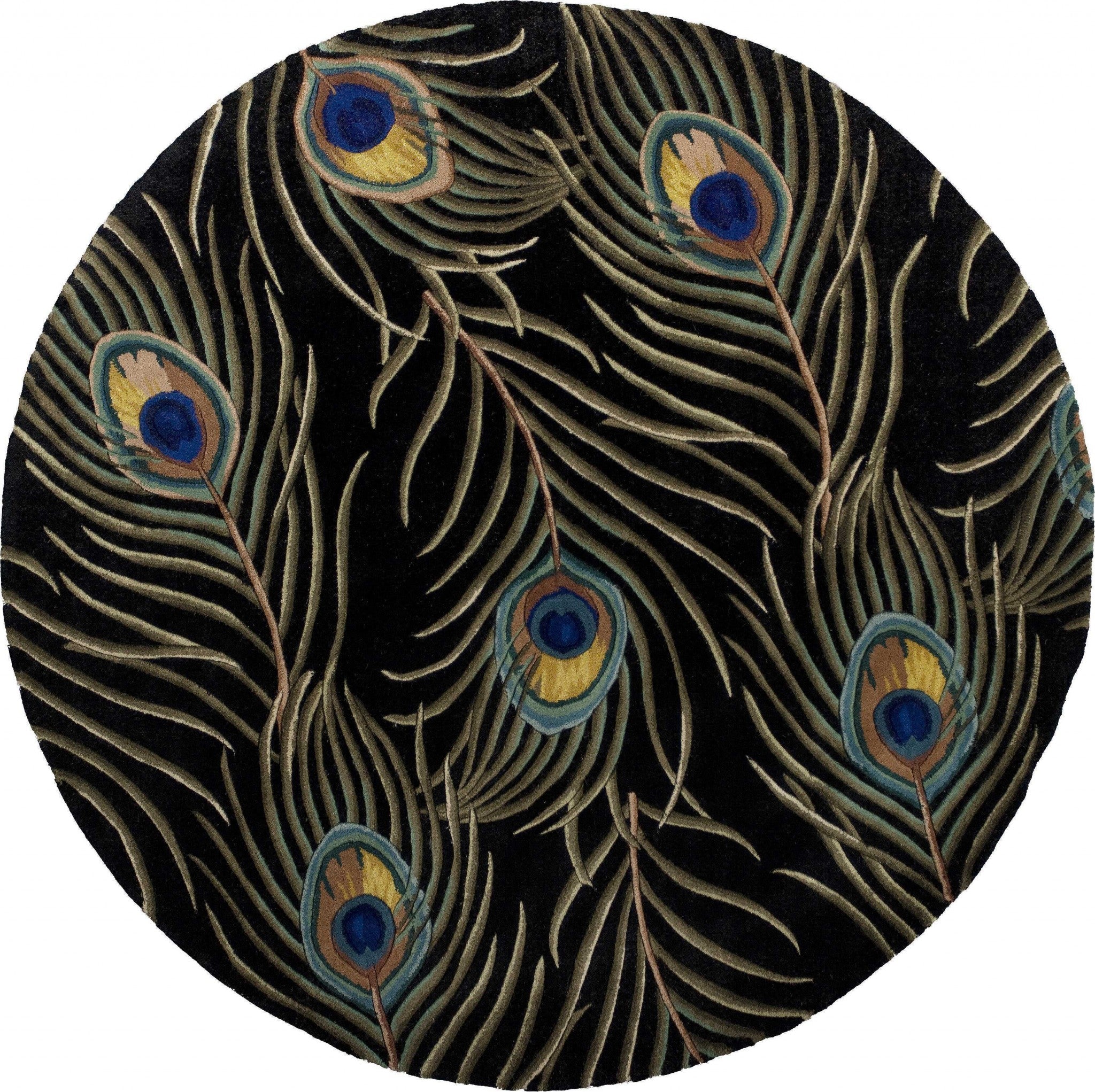 5' Round  Wool Black Area Rug